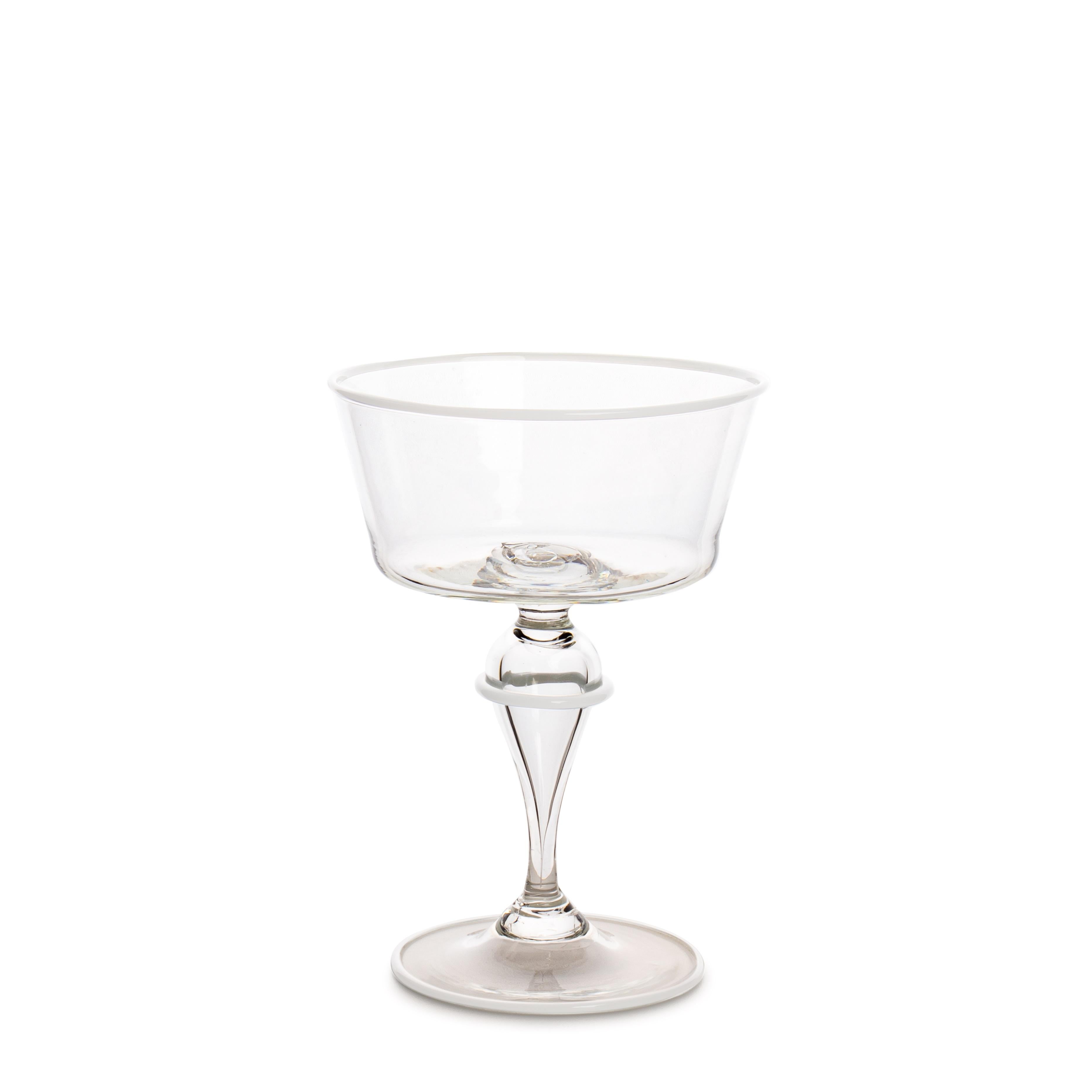 Italian Murano Glass Ultralight Set of 2 Champagne Goblets with White Triple Rim For Sale