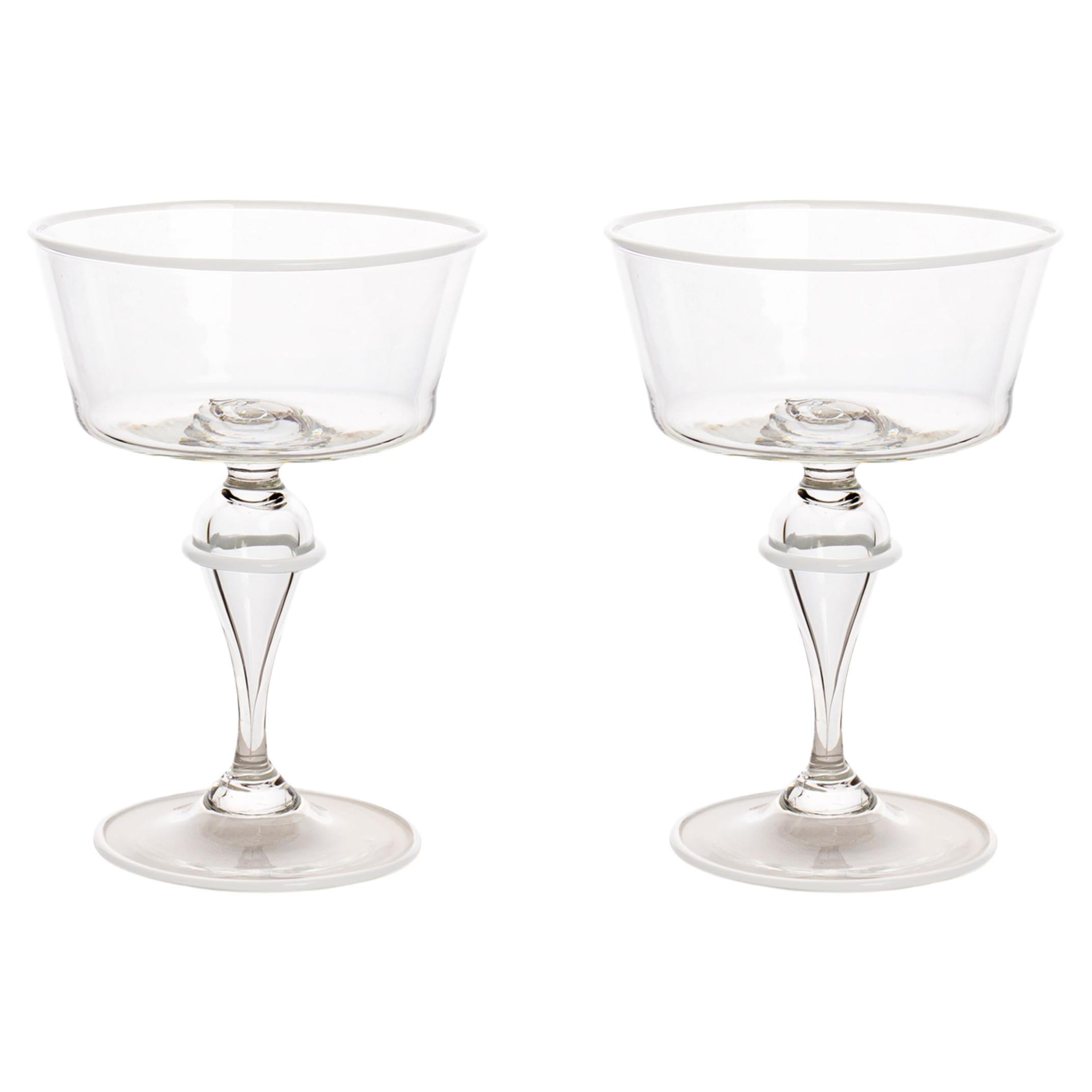 Murano Glass Ultralight Set of 2 Champagne Goblets with White Triple Rim For Sale