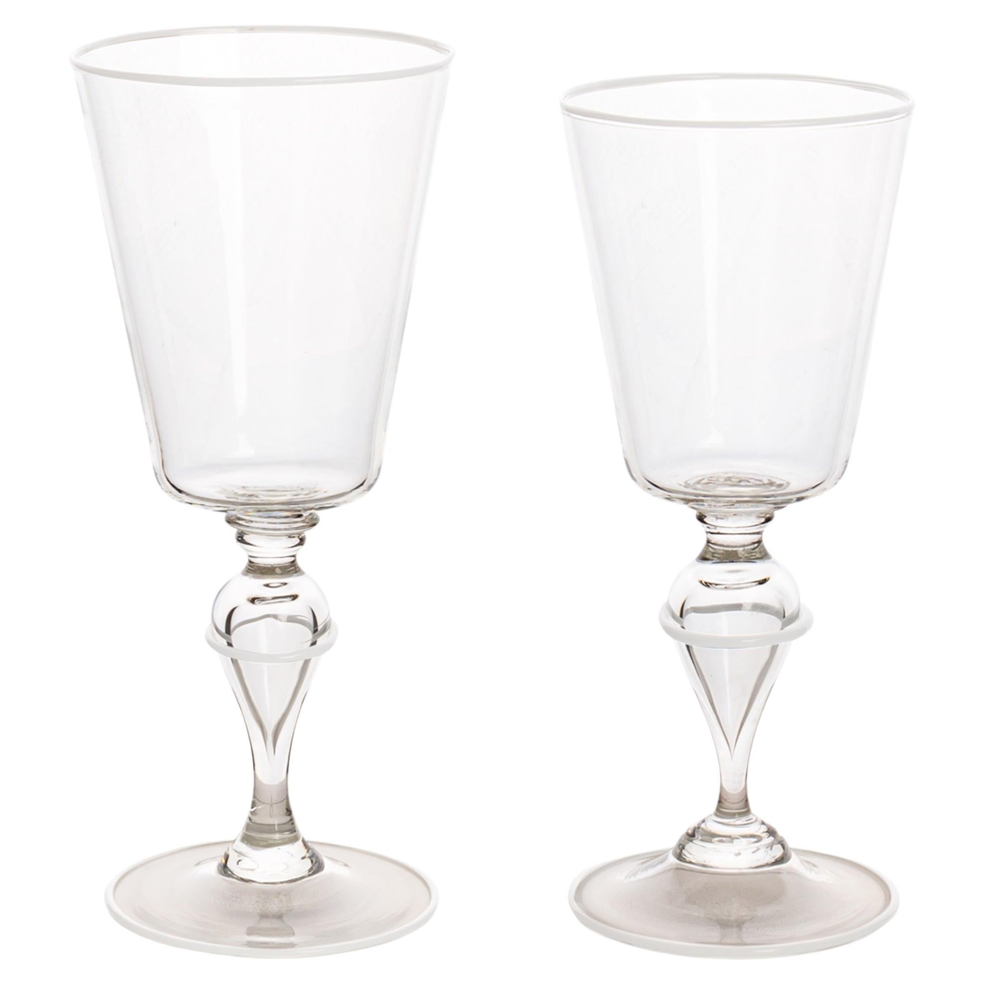 Murano Glass Ultralight Set of 2 Goblets with White Triple Rim For Sale