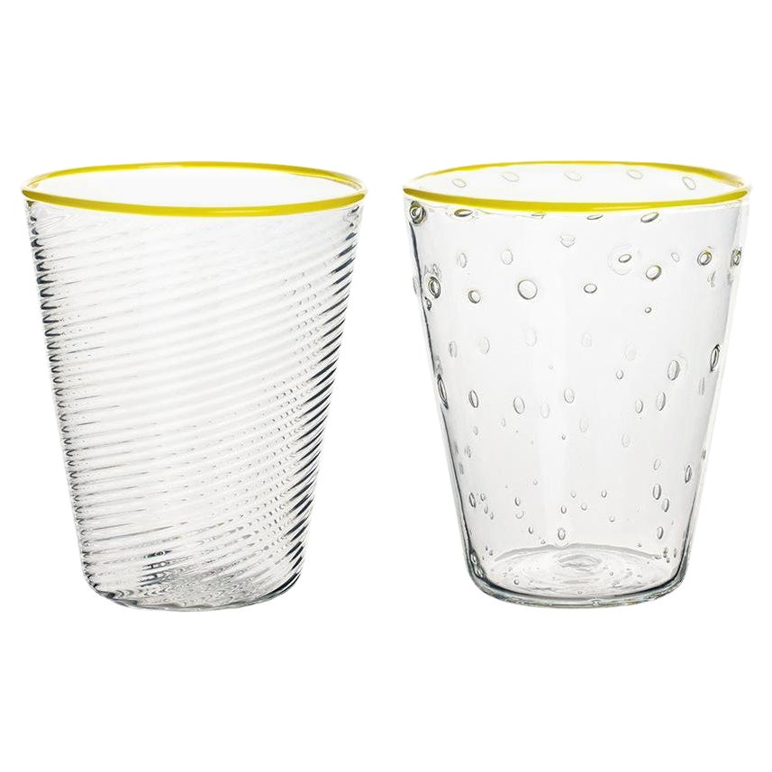 Murano Glass Ultralight Set of 2 Mixed-Texture Tumblers with Yellow Rim