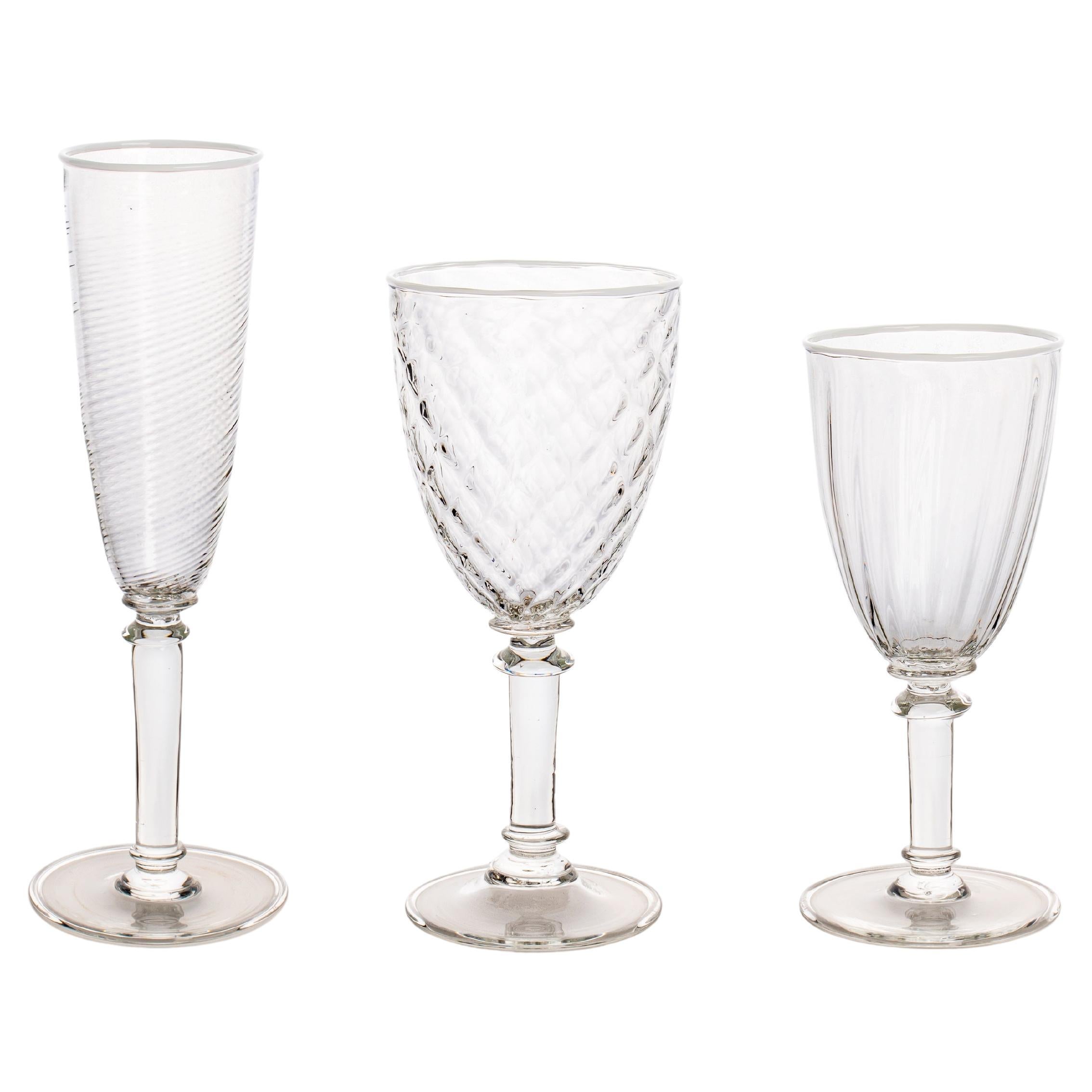 Murano Glass Ultralight Set of 3 Mixed-Texture Goblets with White Rim For Sale