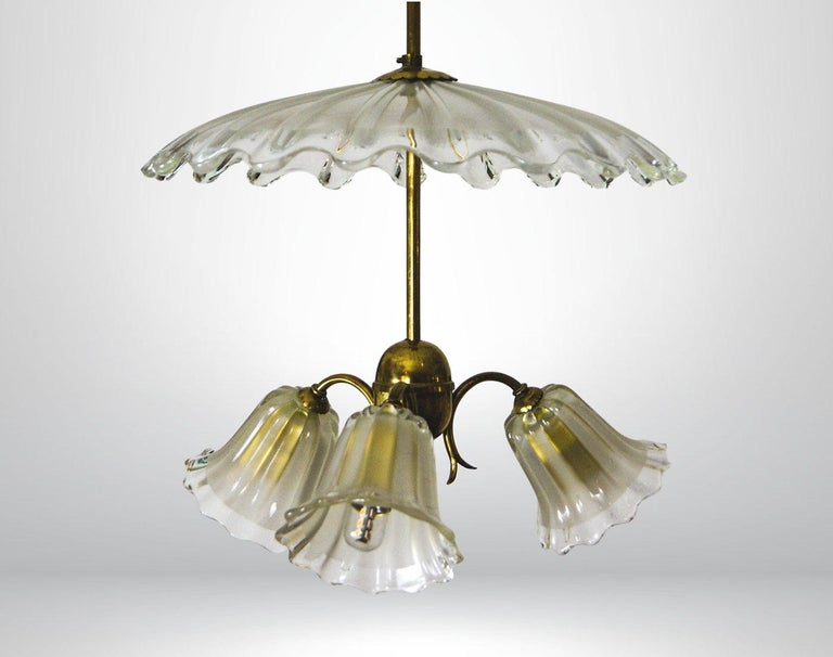 Frosted Murano Glass Umbrella Chandelier Ceiling Lamp Barovier Toso Attr For Sale