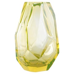 Murano Glass Uranium Green Yellow Vase Full of Facet Cut Surfaces