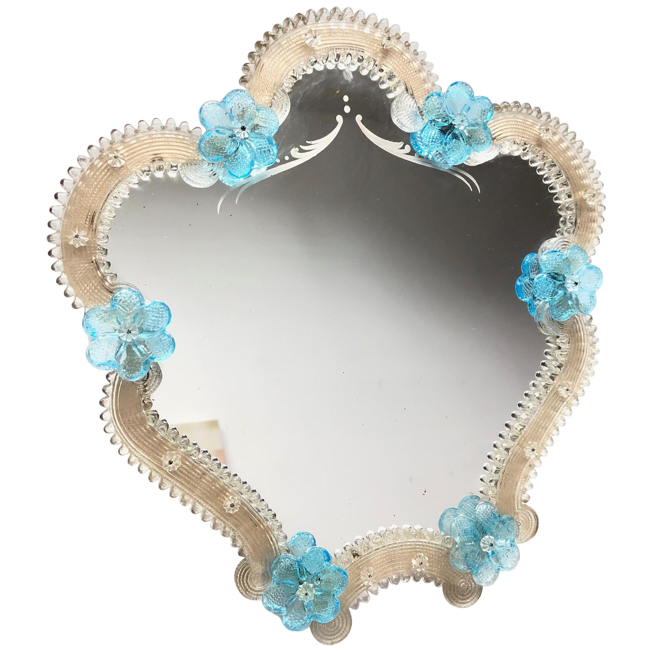 Murano Glass Vanity Mirror Blue Flowers, circa 1950s, Italy Venetian Venice
