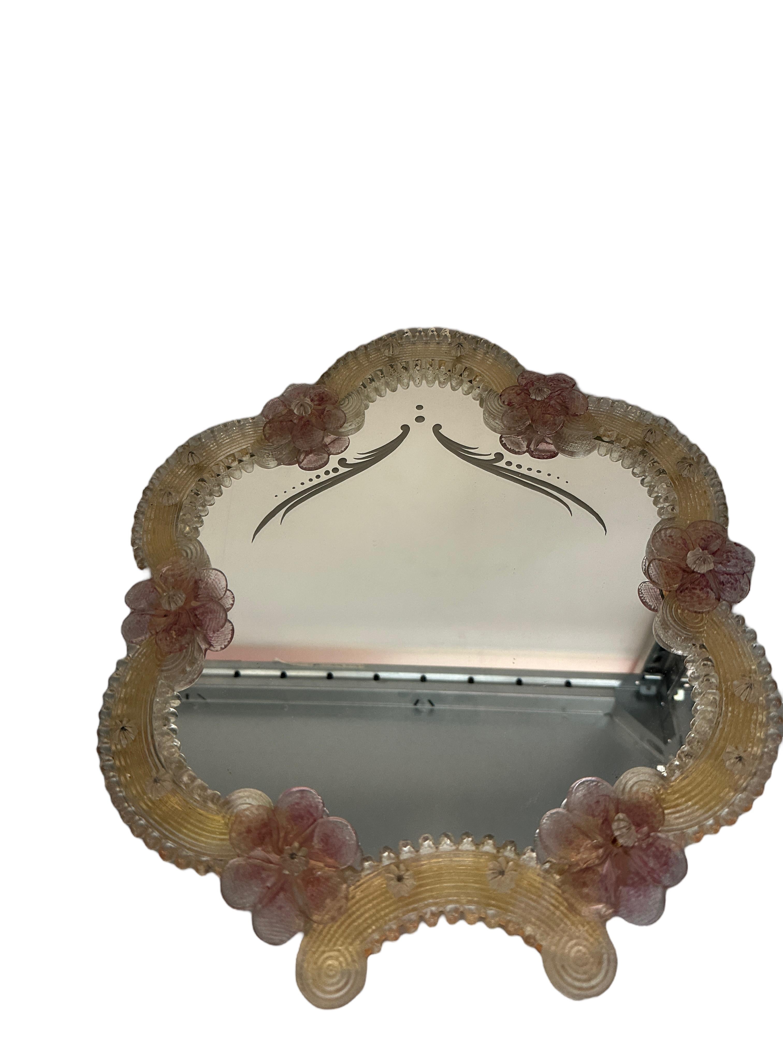 Hollywood Regency Murano Glass Vanity Mirror Pink Flowers circa 1960s Italy Venetian, Venice