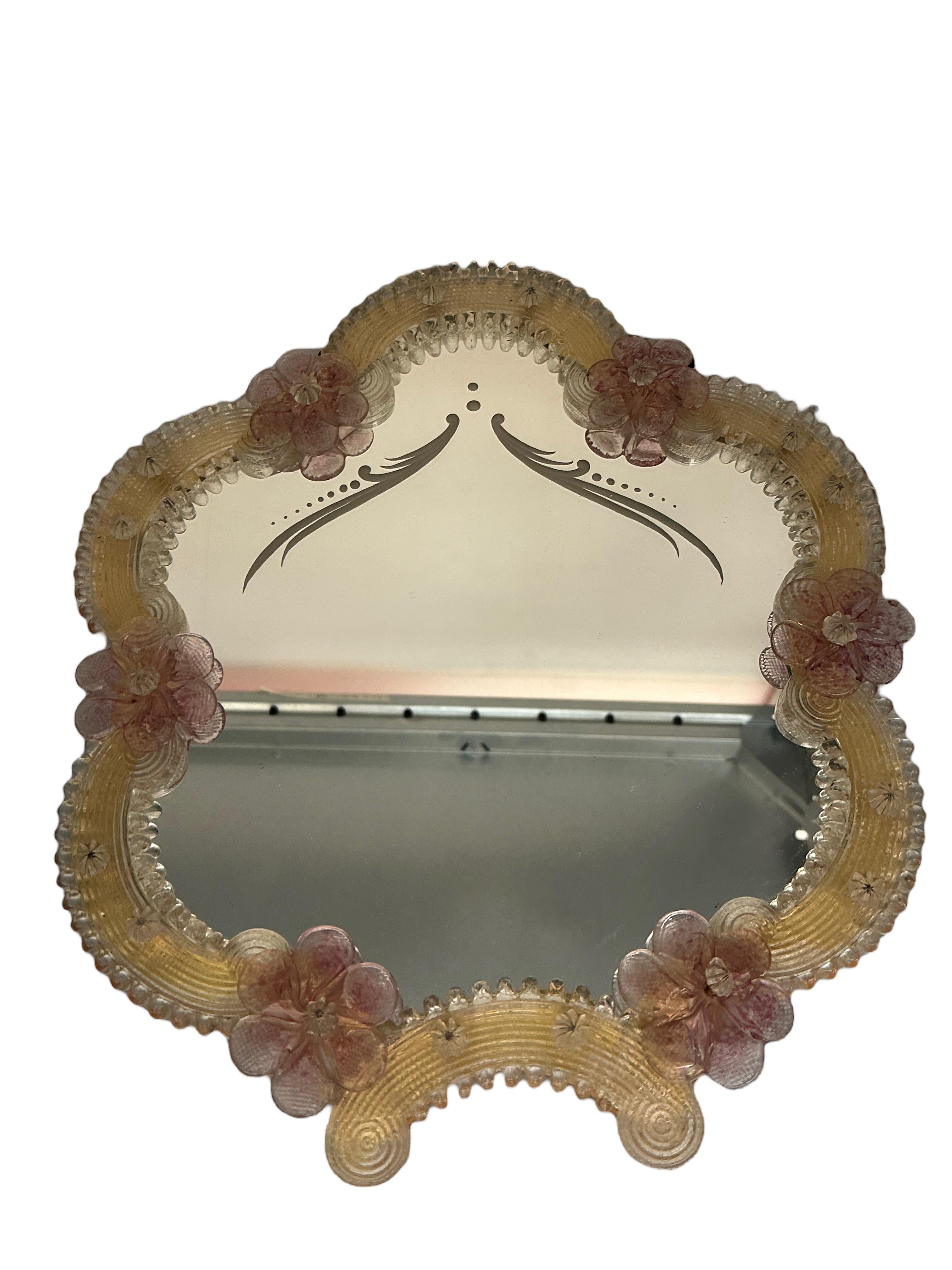 Italian Murano Glass Vanity Mirror Pink Flowers circa 1960s Italy Venetian, Venice