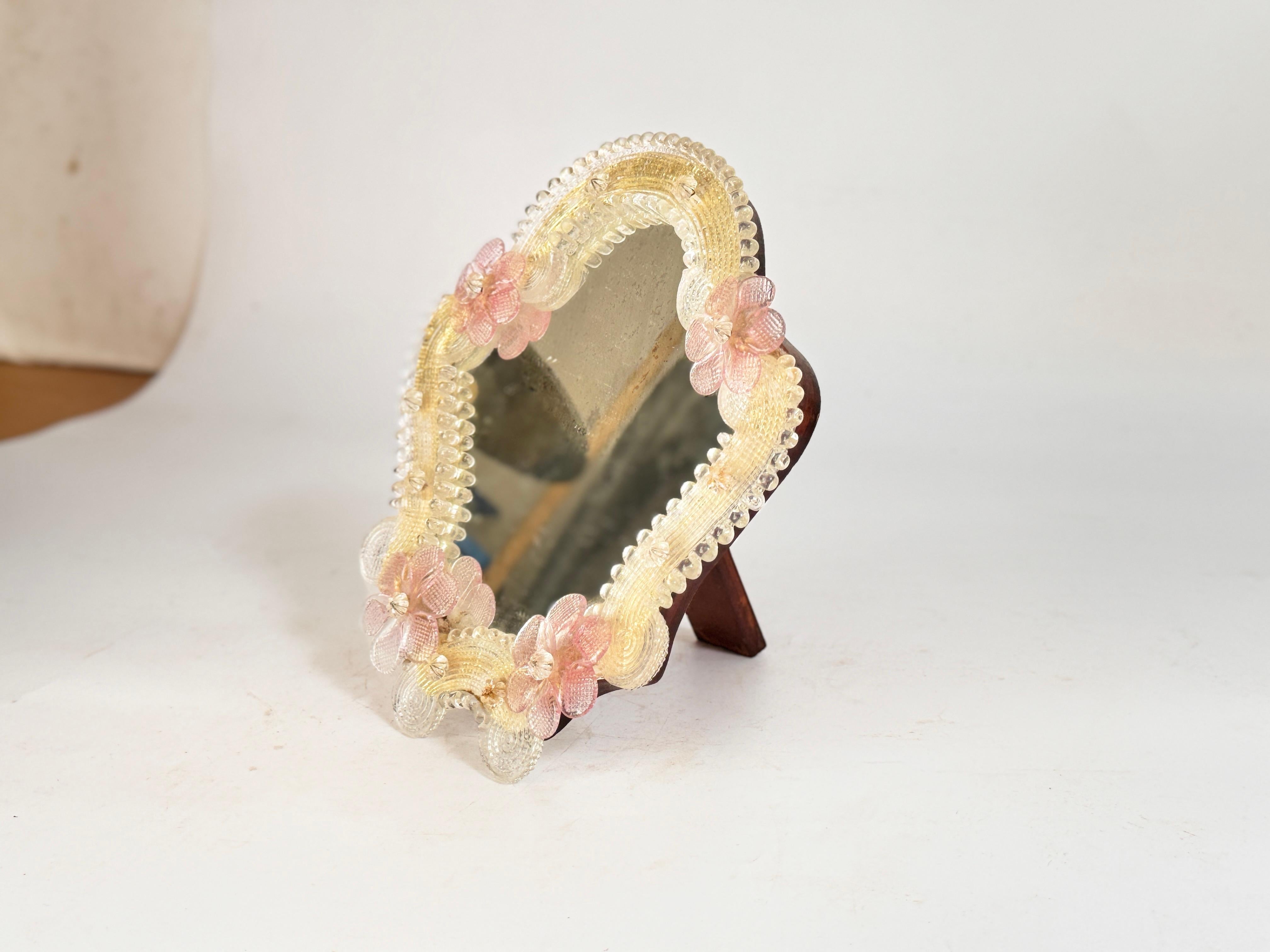
Murano Glass Vanity Mirror Pink yellow  Flowers 1960s Italy Venetian Venini 