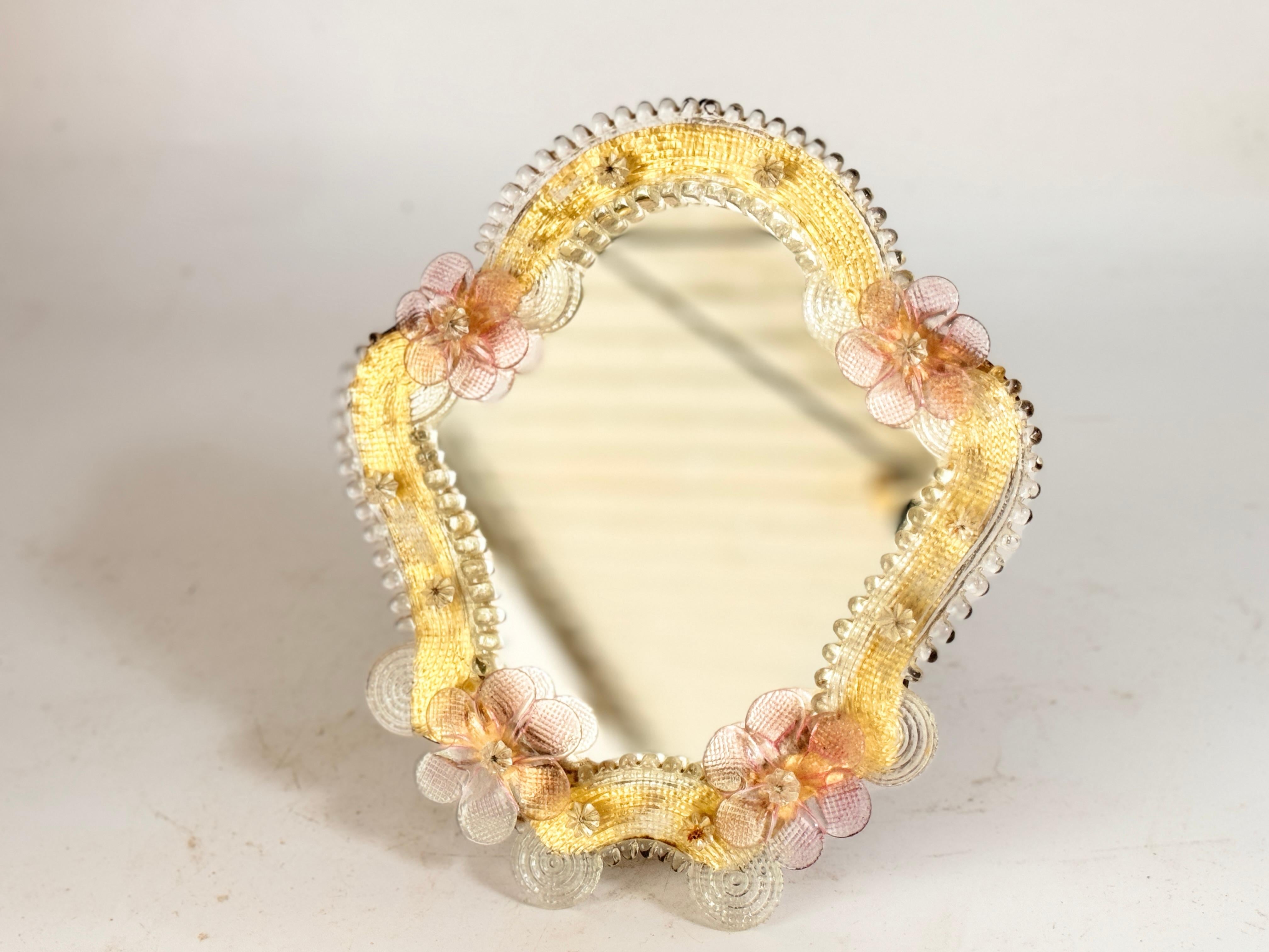 Mid-20th Century Murano Glass Vanity Mirror Pink yellow  Flowers 1960s Italy Venetian Venini For Sale
