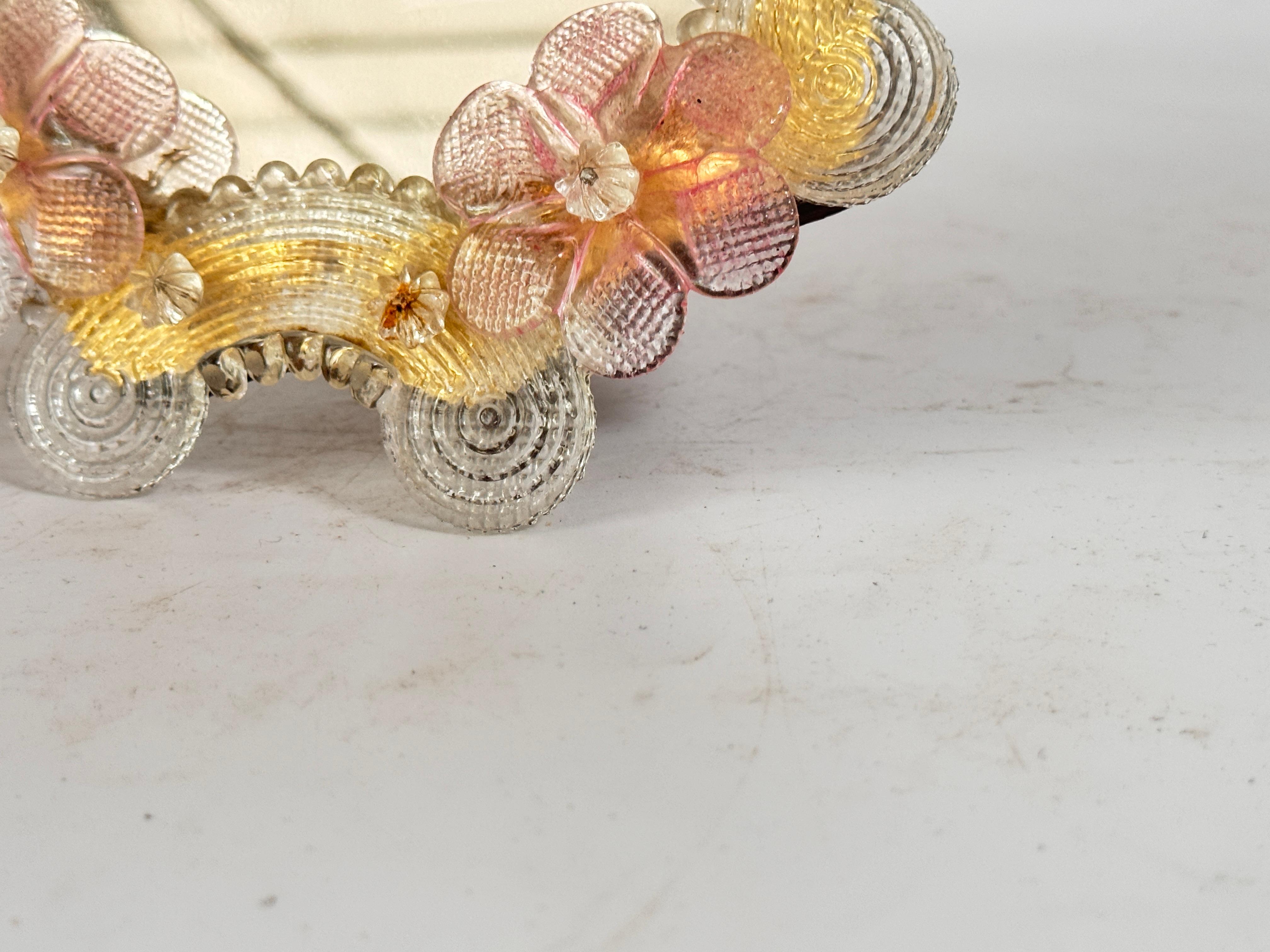 Art Glass Murano Glass Vanity Mirror Pink yellow  Flowers 1960s Italy Venetian Venini For Sale