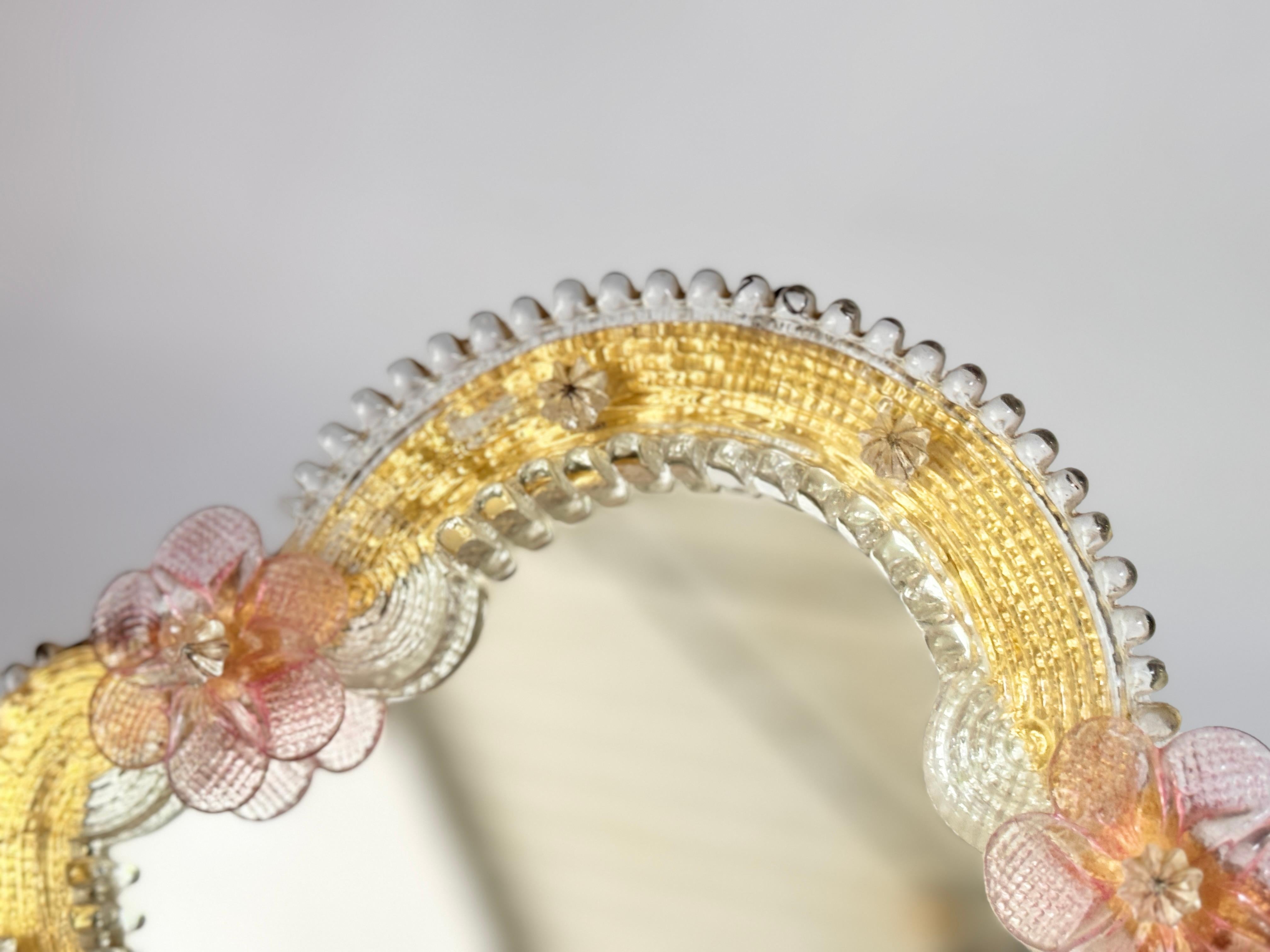 Murano Glass Vanity Mirror Pink yellow  Flowers 1960s Italy Venetian Venini For Sale 2