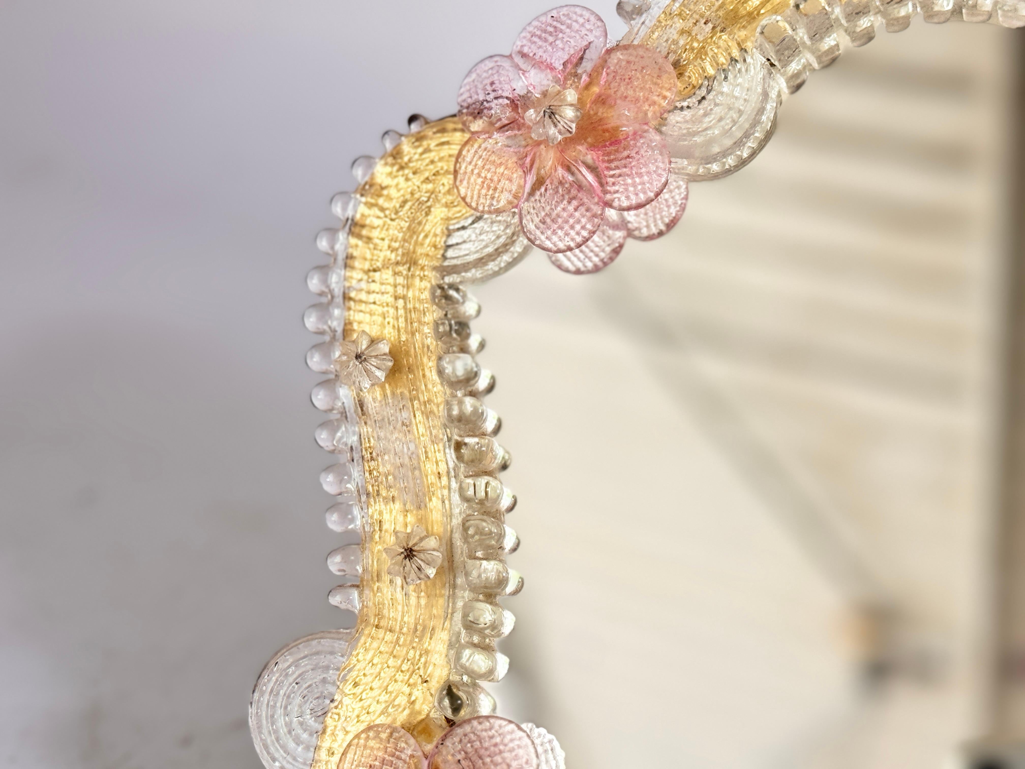 Murano Glass Vanity Mirror Pink yellow  Flowers 1960s Italy Venetian Venini For Sale 3