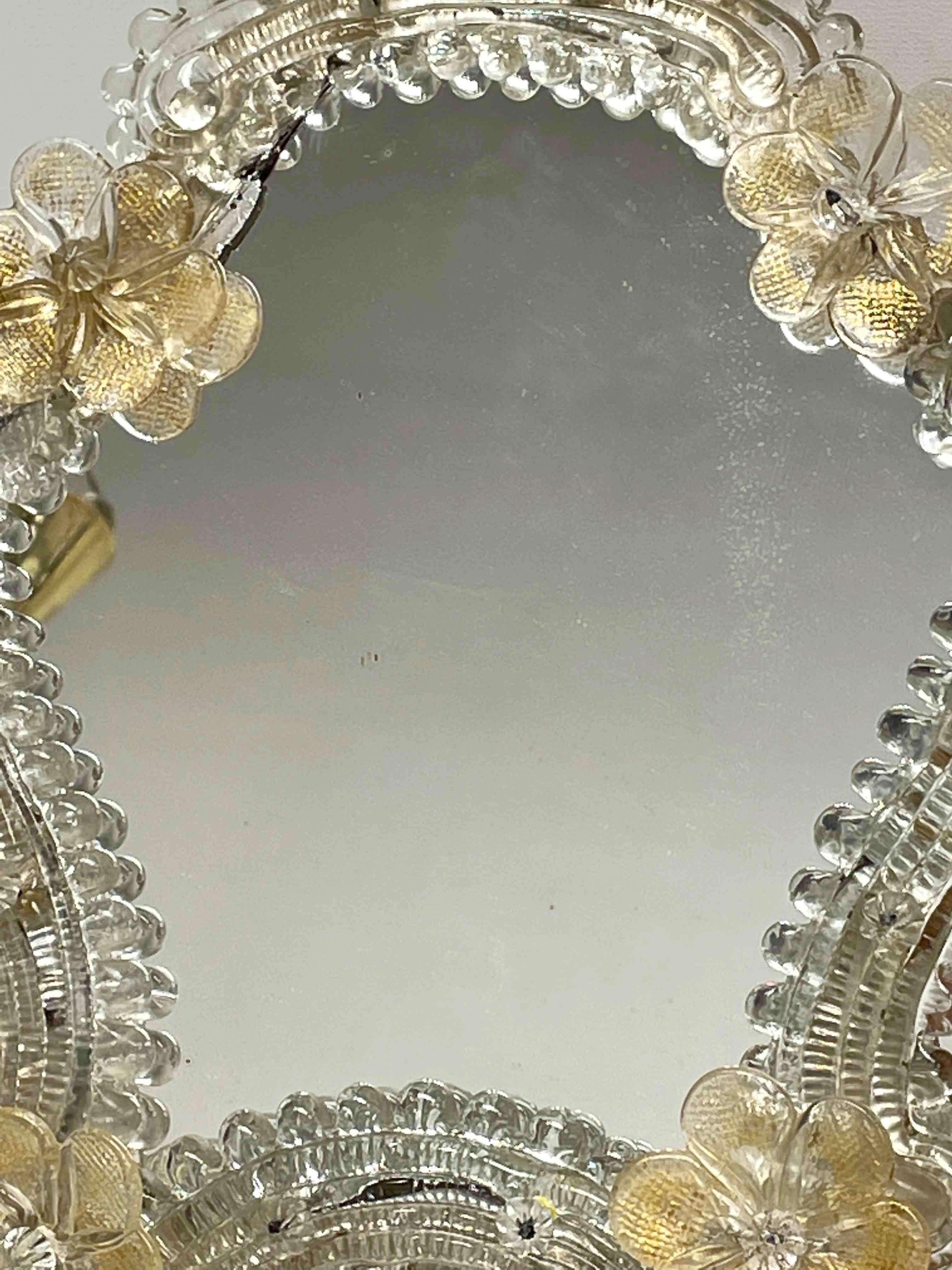 Murano Glass Vanity Mirror with Gold Flake Flowers 1950s Italy Venetian, Venice For Sale 1