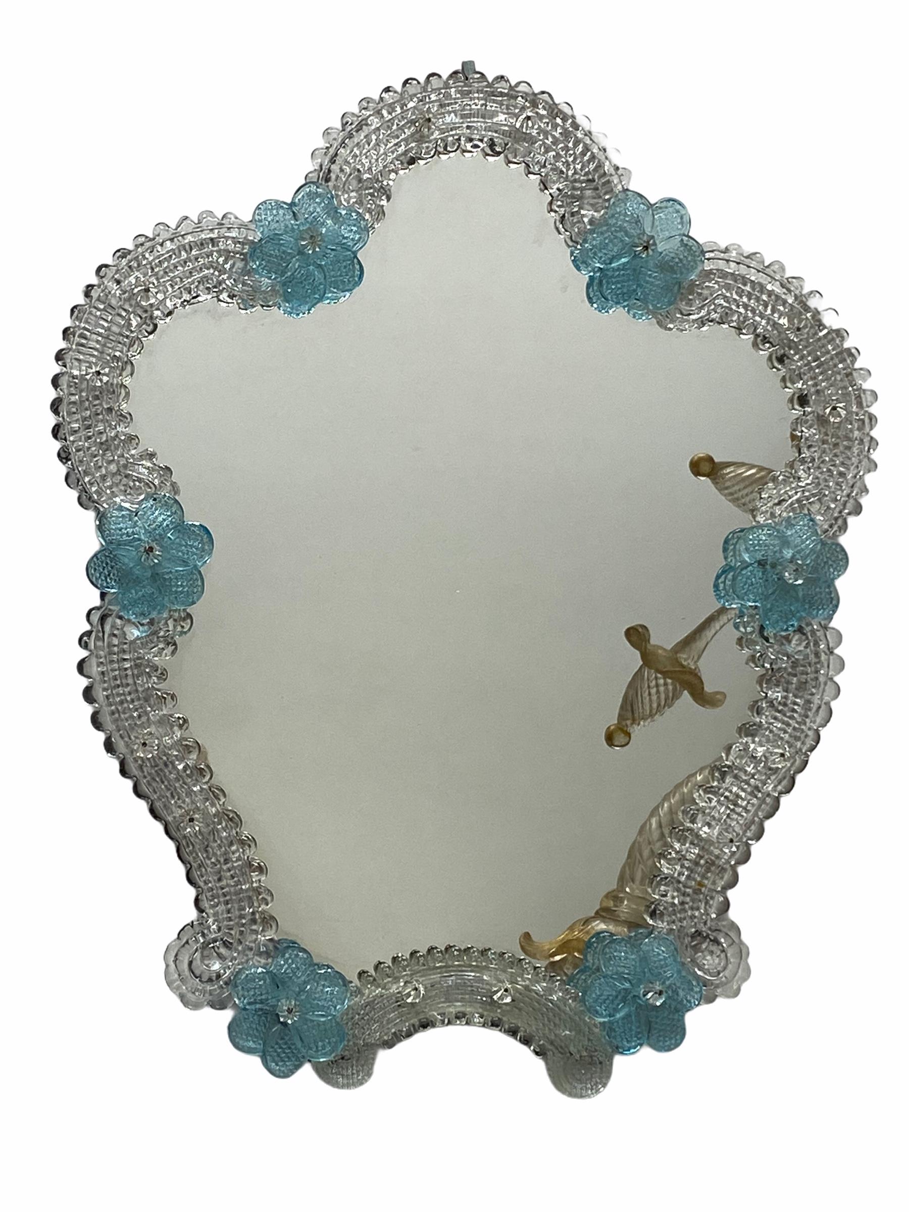 Hollywood Regency Murano Glass Vanity Wall Mirror Blue Flowers, circa 1960s, Italy Venetian Venice