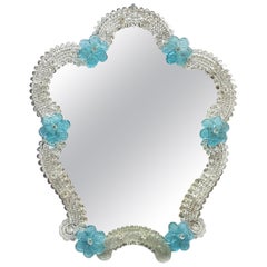 Murano Glass Vanity Wall Mirror Blue Flowers, circa 1960s, Italy Venetian Venice