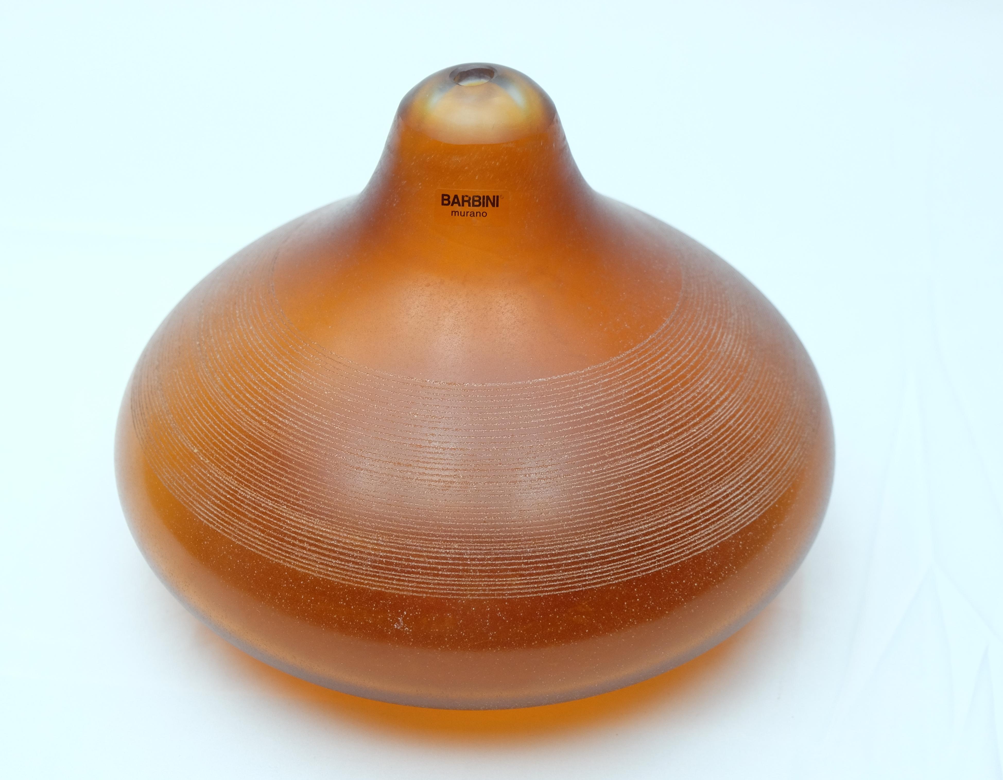 Italian Murano Glass Vase by Barbini, Amber Round Single Stem Blown For Sale
