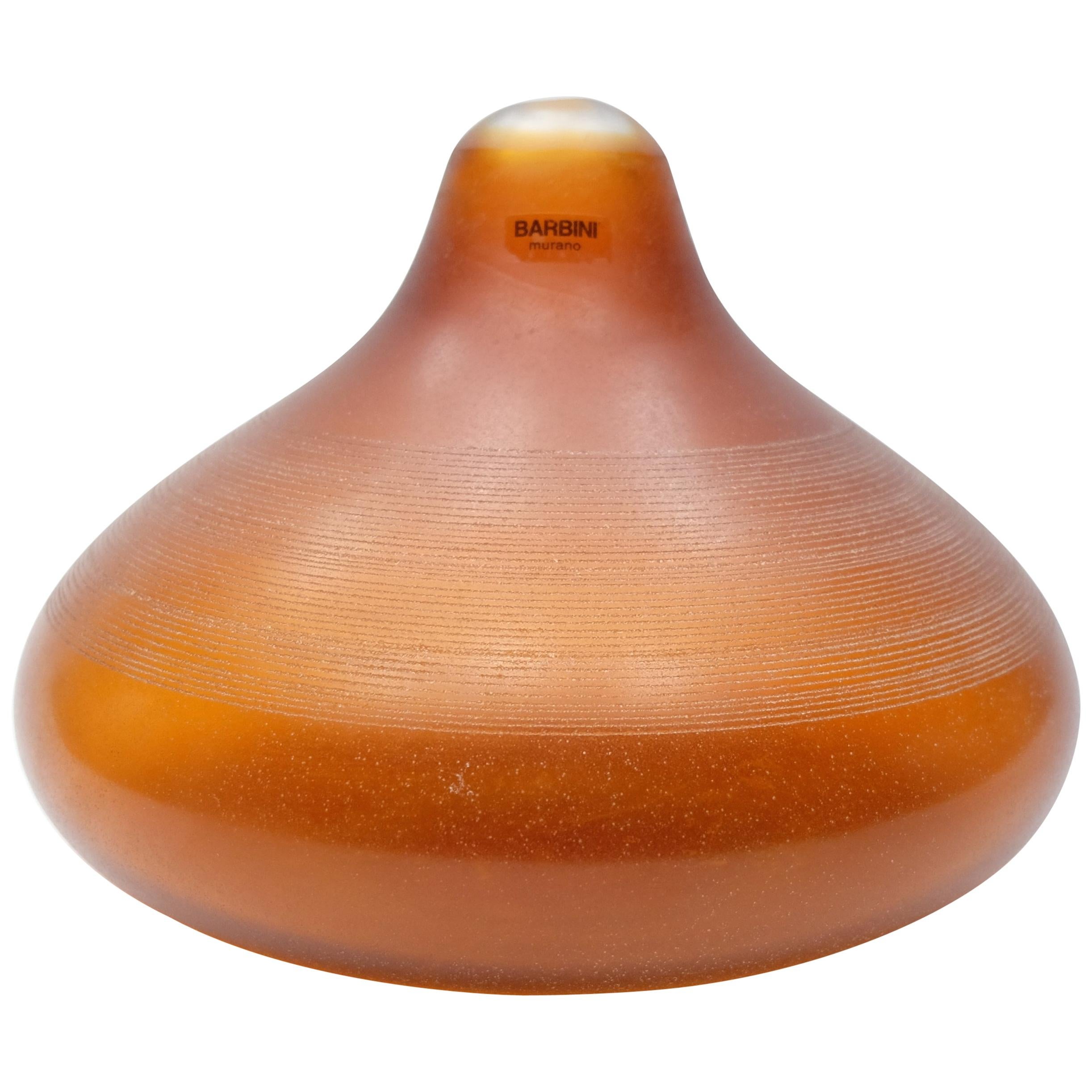 Murano Glass Vase by Barbini, Amber Round Single Stem Blown For Sale
