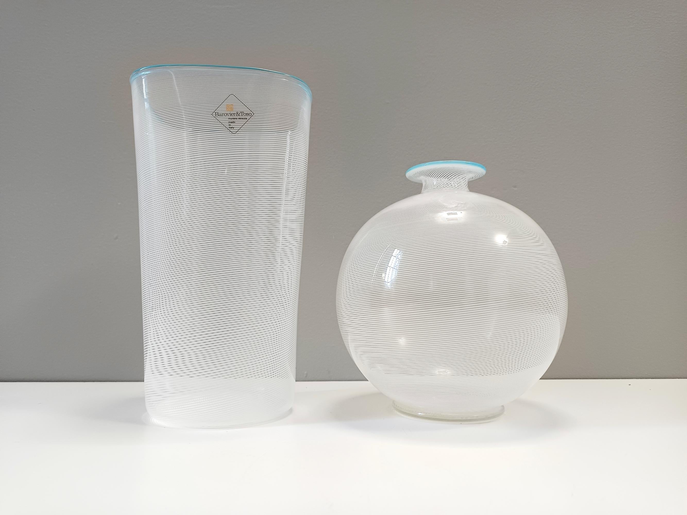 Post-Modern Murano Glass Vase by Ercole Barovier for Barovier & Toso with White Canes, Italy For Sale
