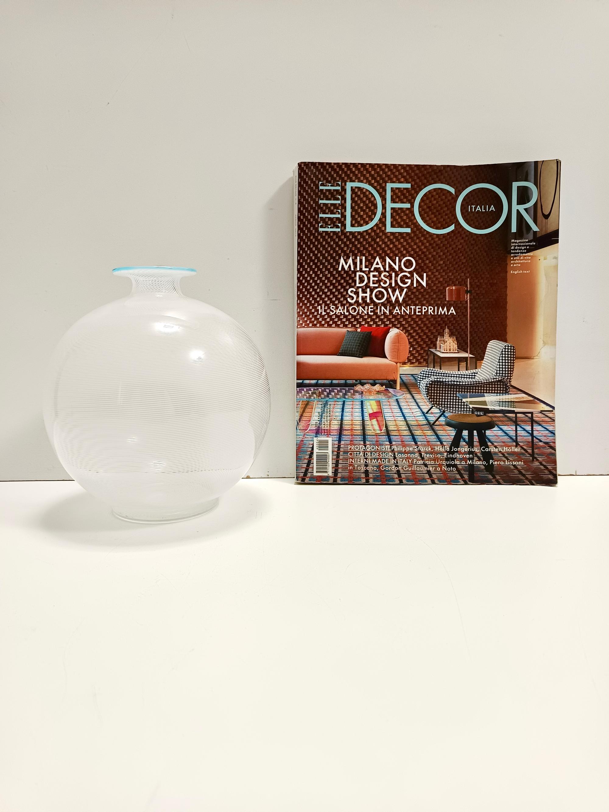 Italiano Vaso in vetro di Murano di Ercole Barovier per Barovier&Toso con canne bianche, Italia in vendita