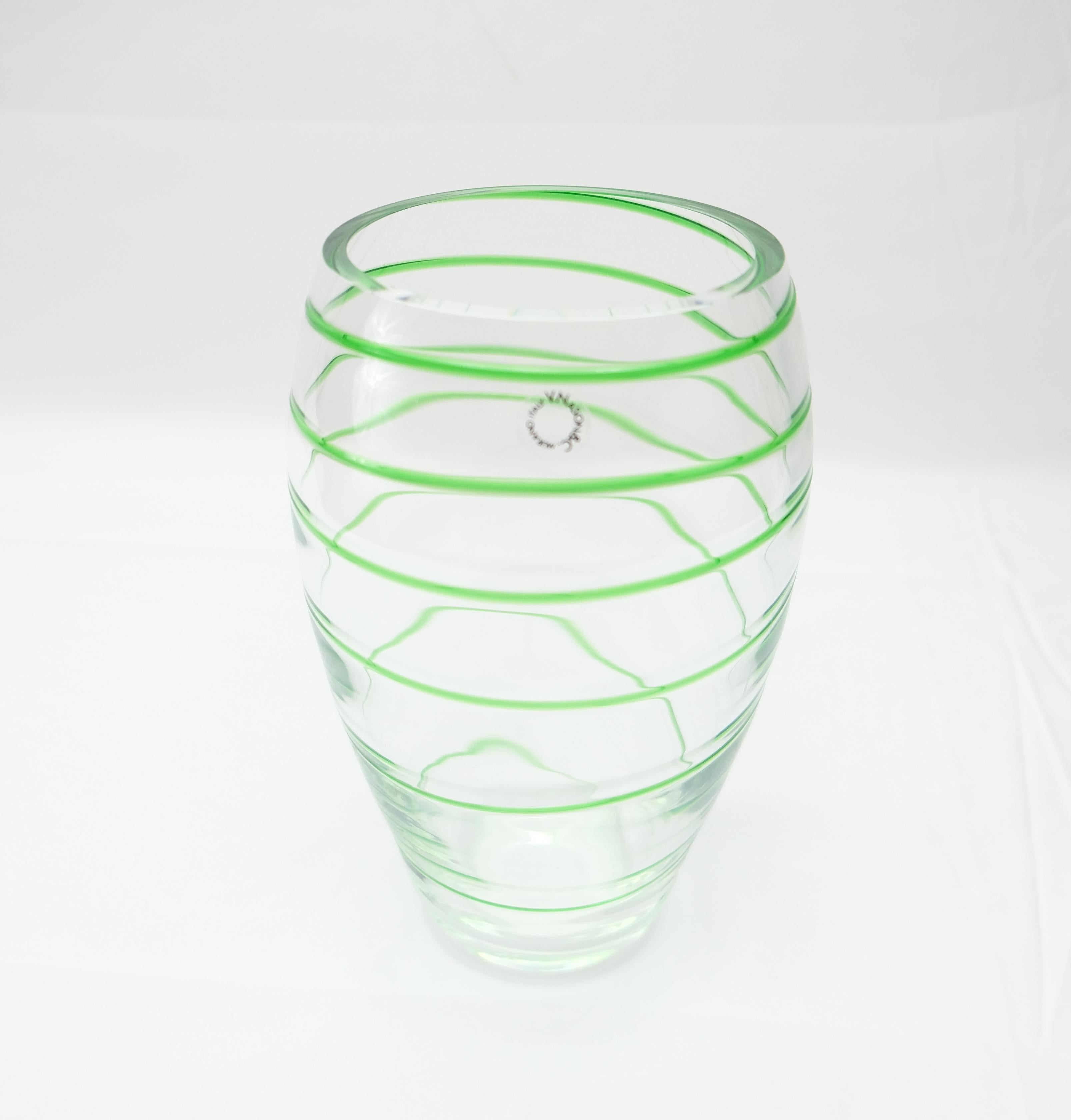 Italian Murano Glass Vase by V. Nason & Co. Italy, Green Swirl Stripe For Sale