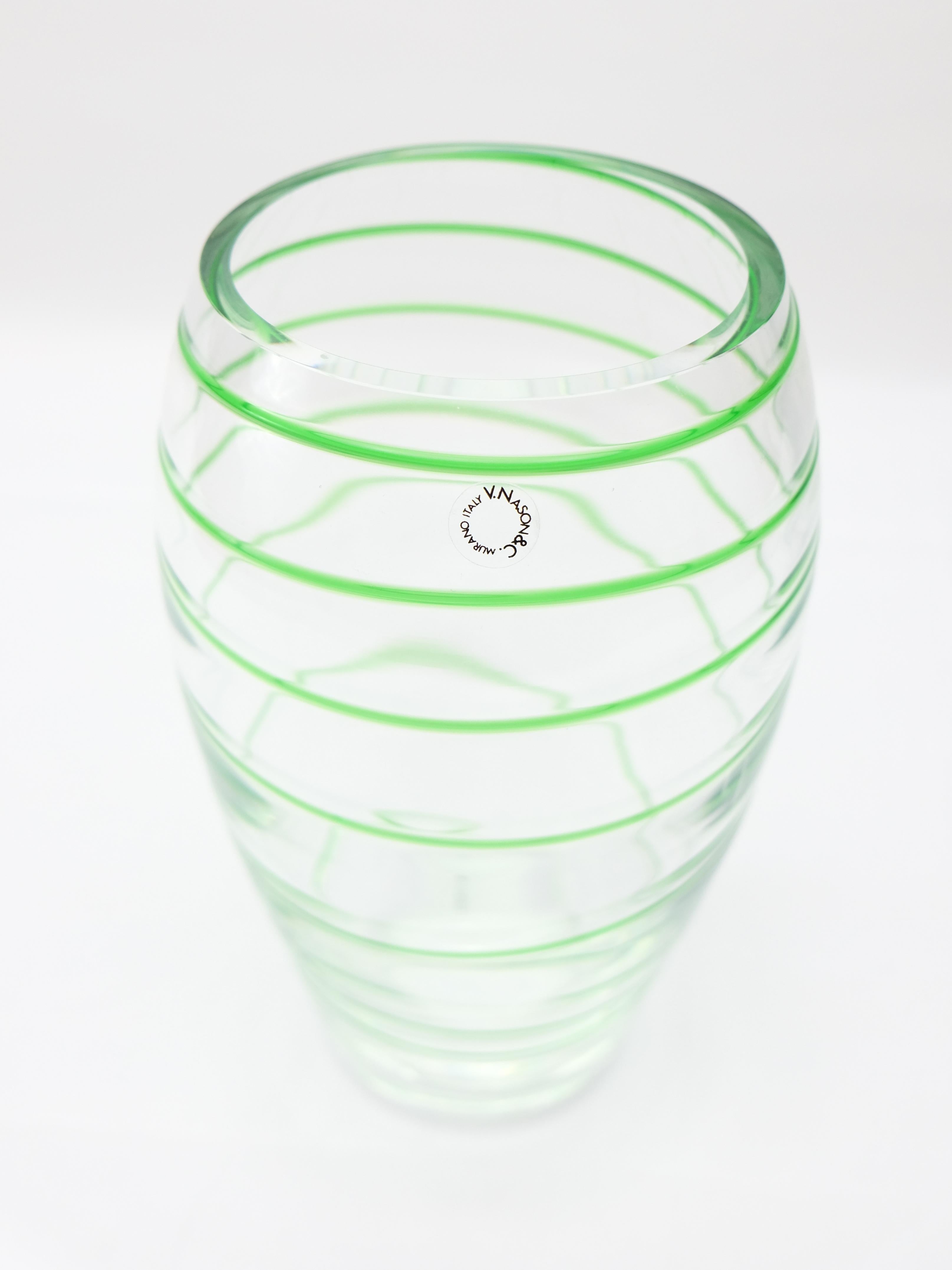 Contemporary Murano Glass Vase by V. Nason & Co. Italy, Green Swirl Stripe For Sale