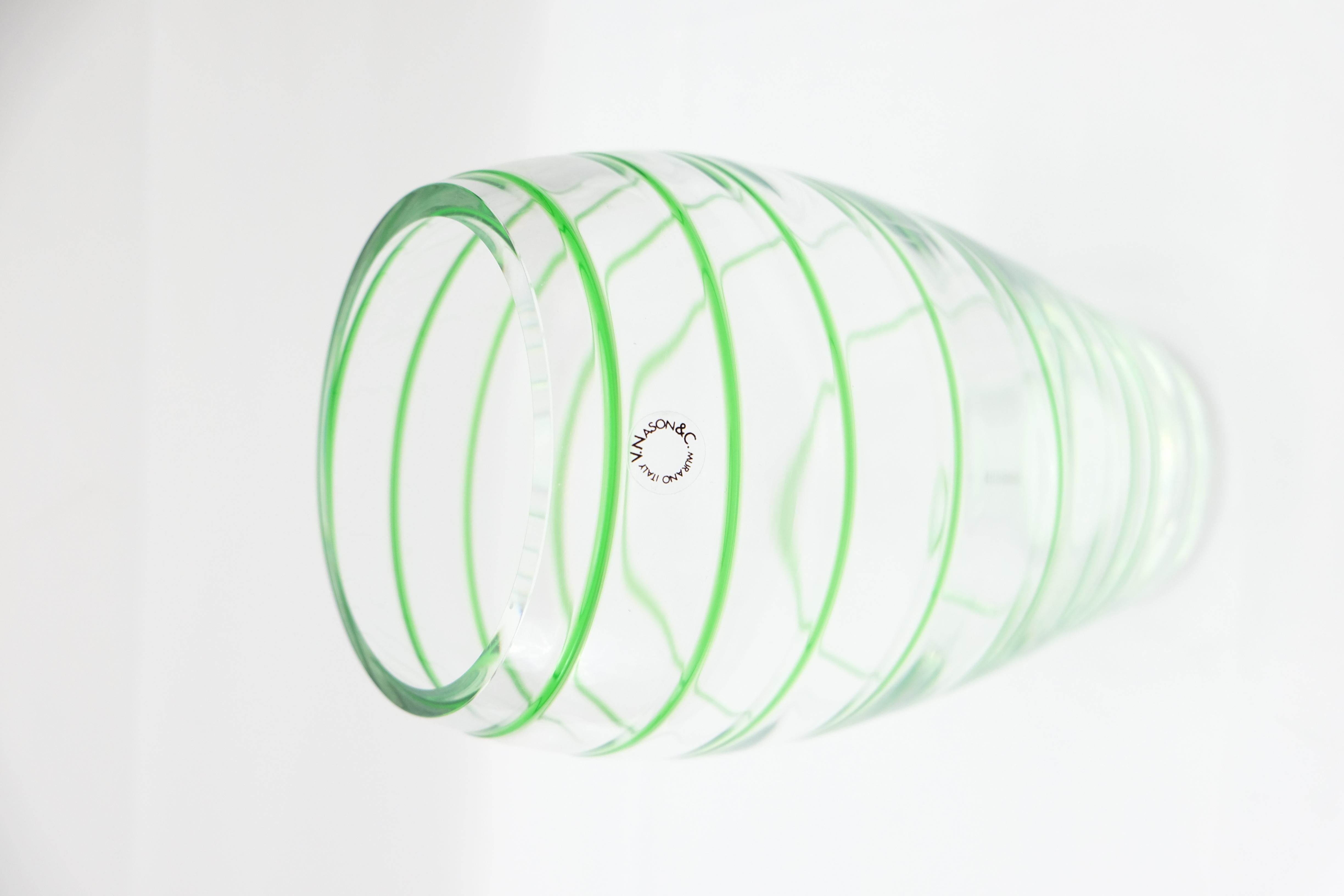 Murano Glass Vase by V. Nason & Co. Italy, Green Swirl Stripe For Sale 1