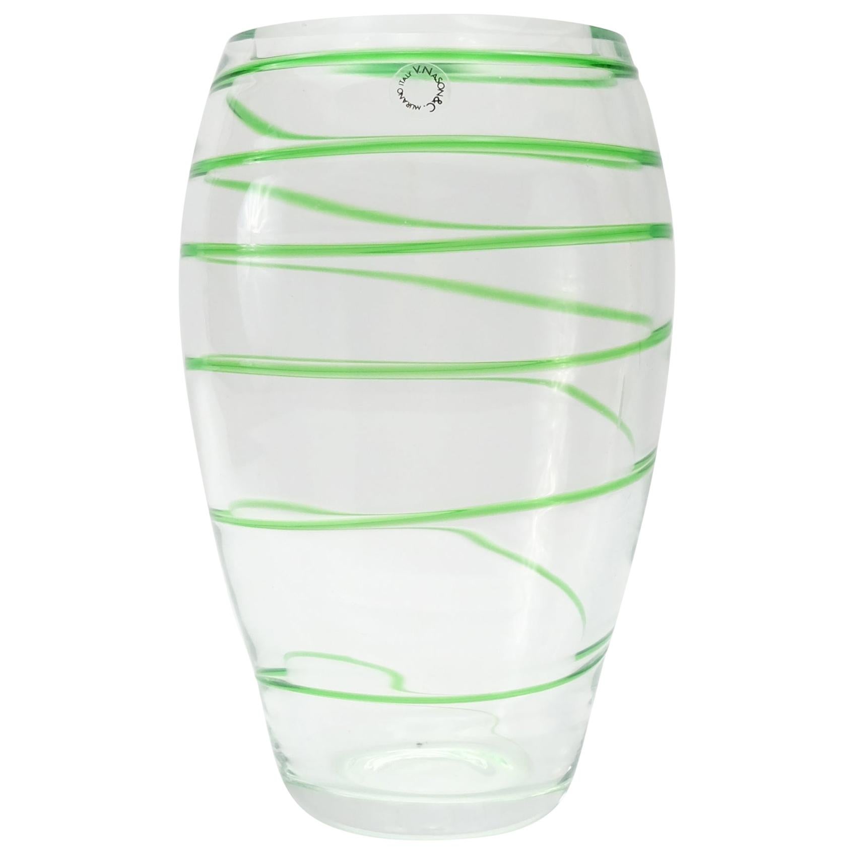 Murano Glass Vase by V. Nason & Co. Italy, Green Swirl Stripe For Sale