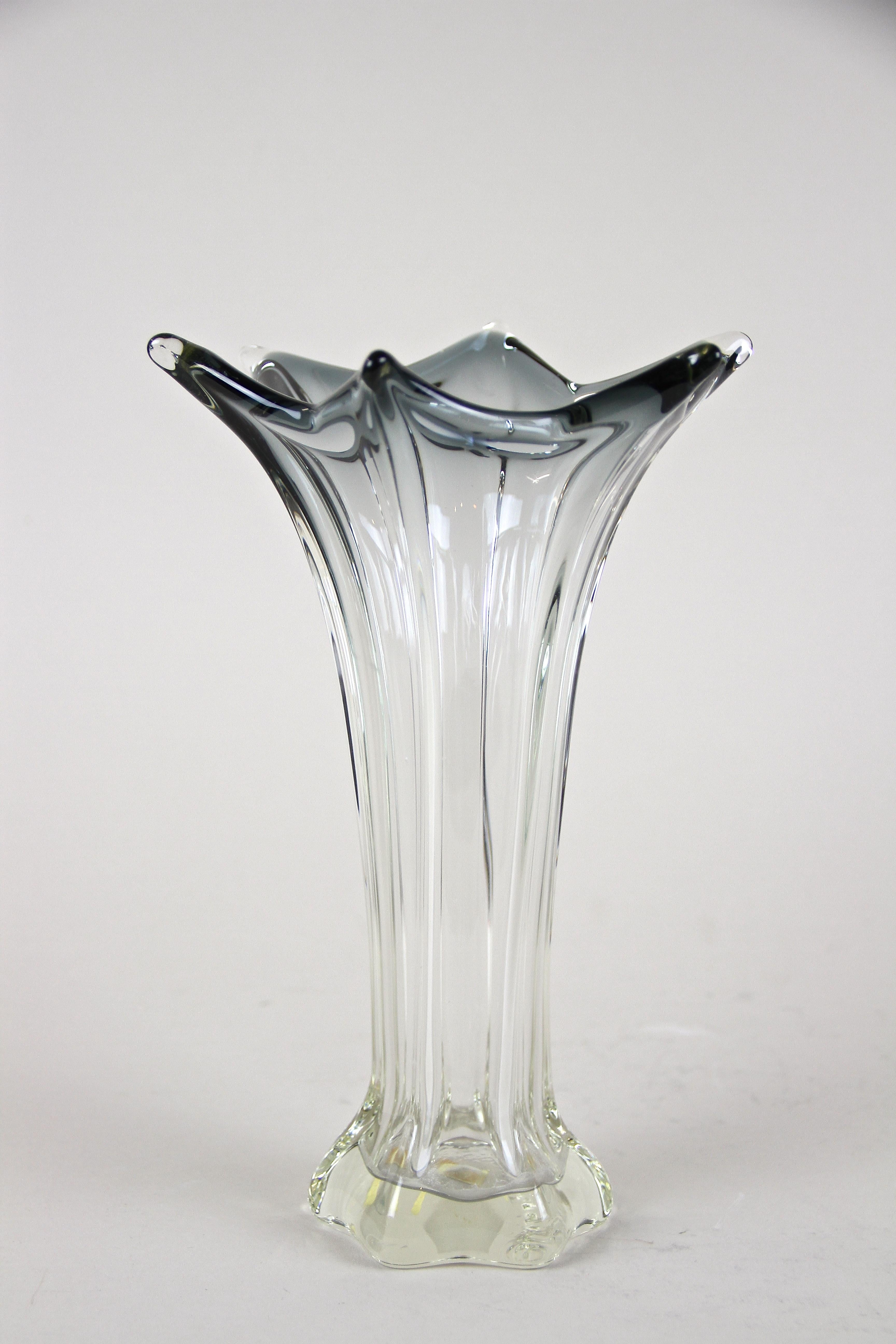 Very decorative mid century Murano Glass Vase out of the renown workshops of Vetro Artistico Veneziano in Italy from around 1960/70. The lovely shaped clear glass body alongside the decent black colored edge confers this murano piece an absolute