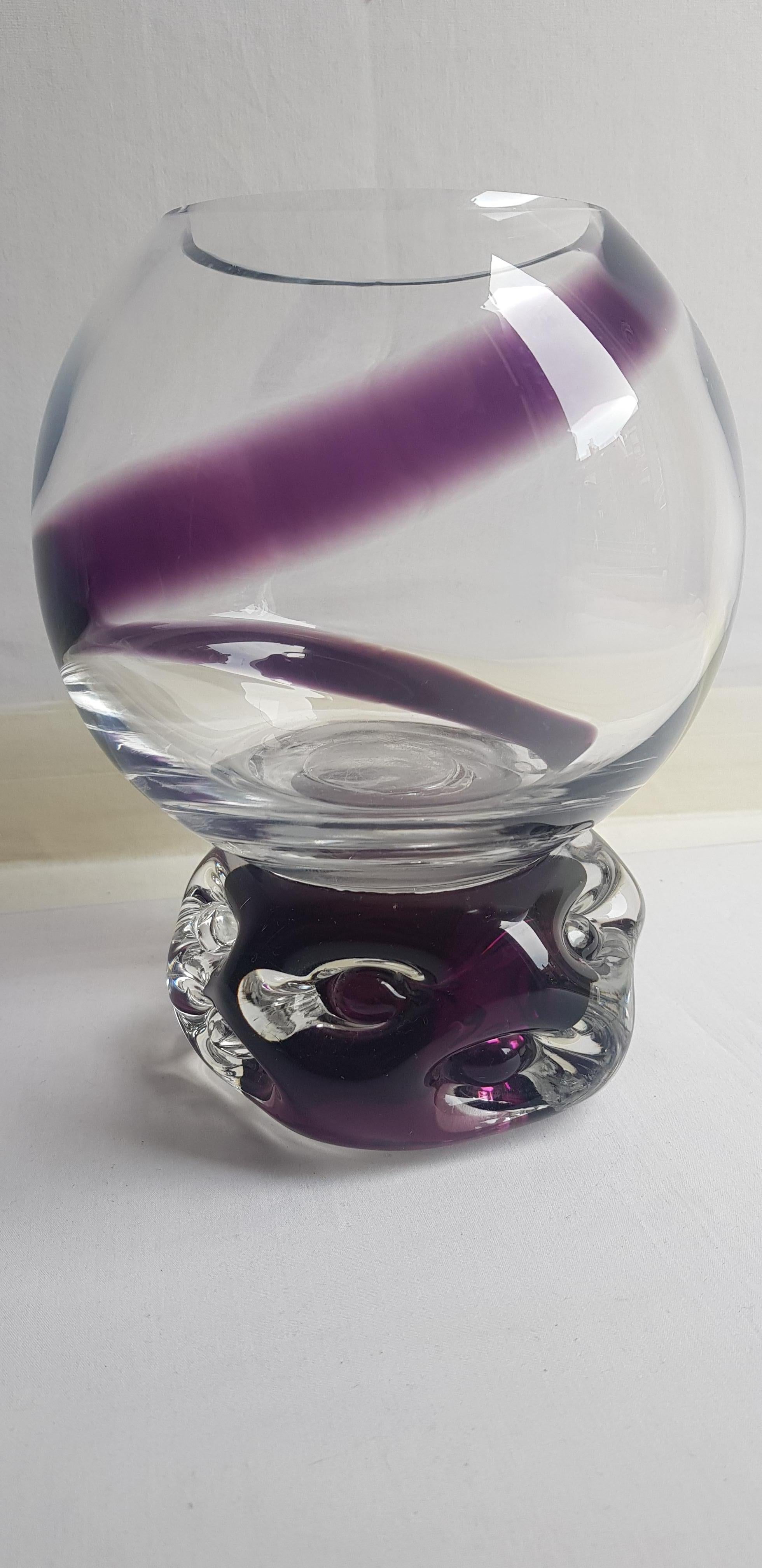 Beautiful Murano glass vase purple swirled glass and clear with sommerso base purple and clear brilliant condition.