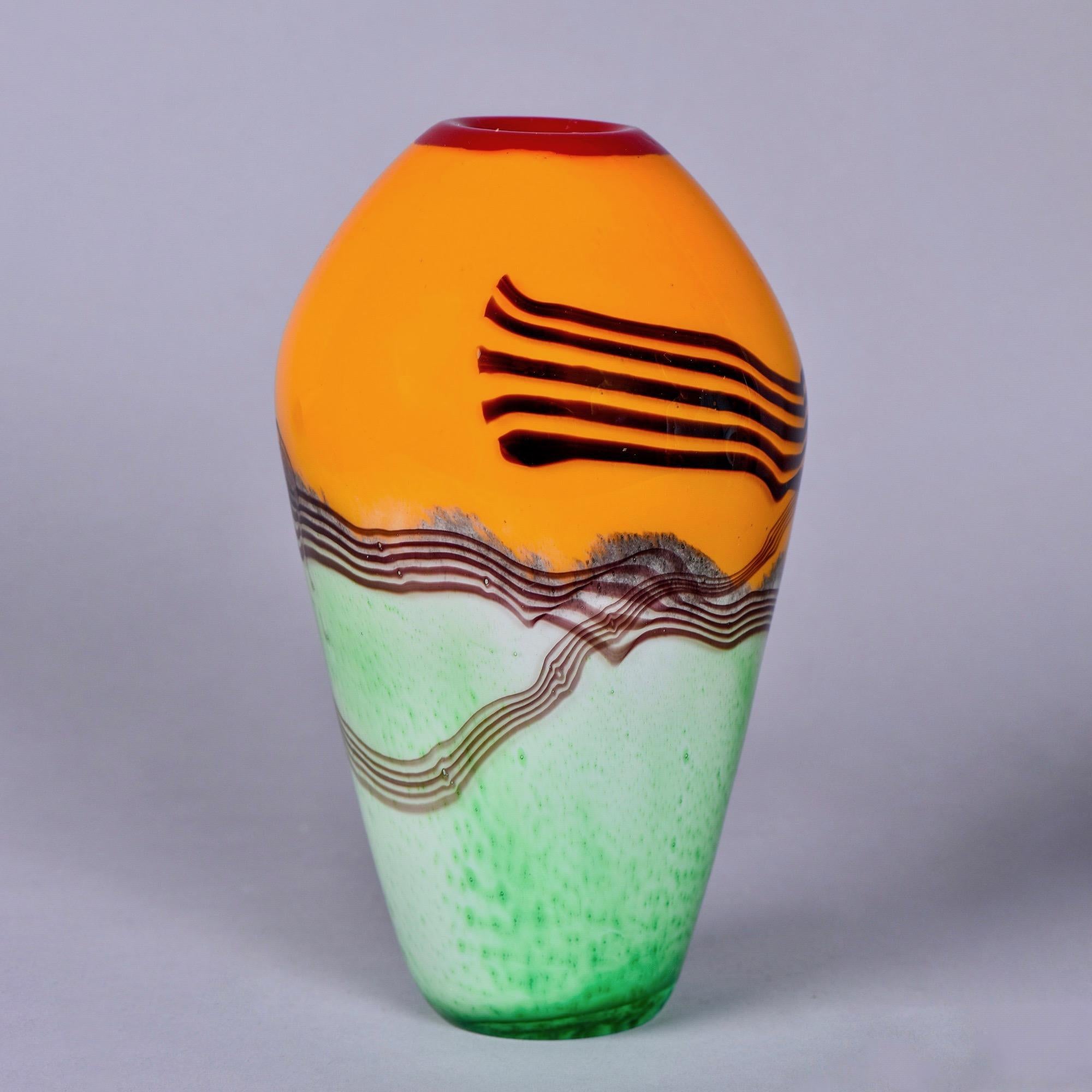 Italian Murano Glass Vase in Tangerine and Mint with Black Stripes and Red Lip