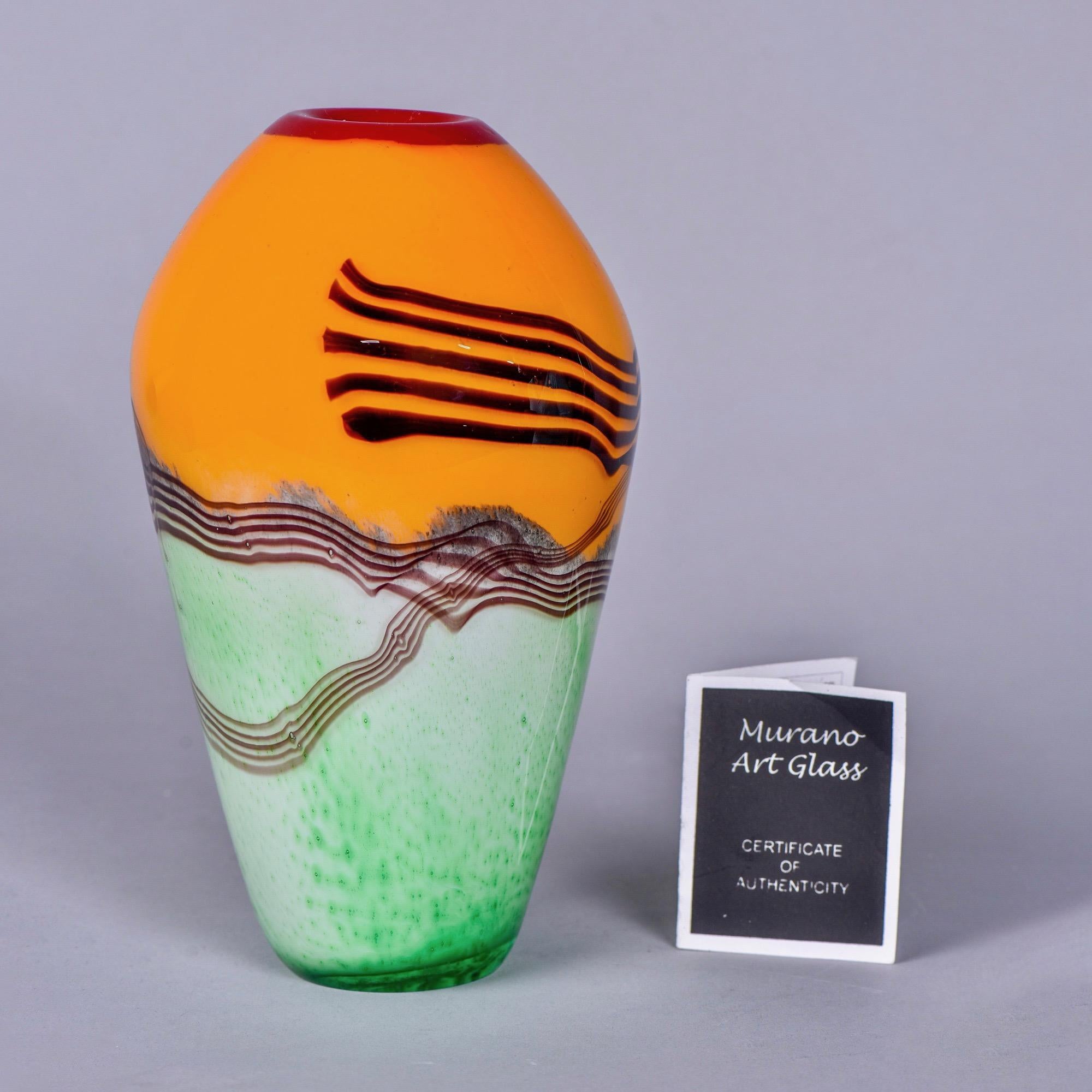 Murano Glass Vase in Tangerine and Mint with Black Stripes and Red Lip 1
