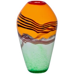 Murano Glass Vase in Tangerine and Mint with Black Stripes and Red Lip