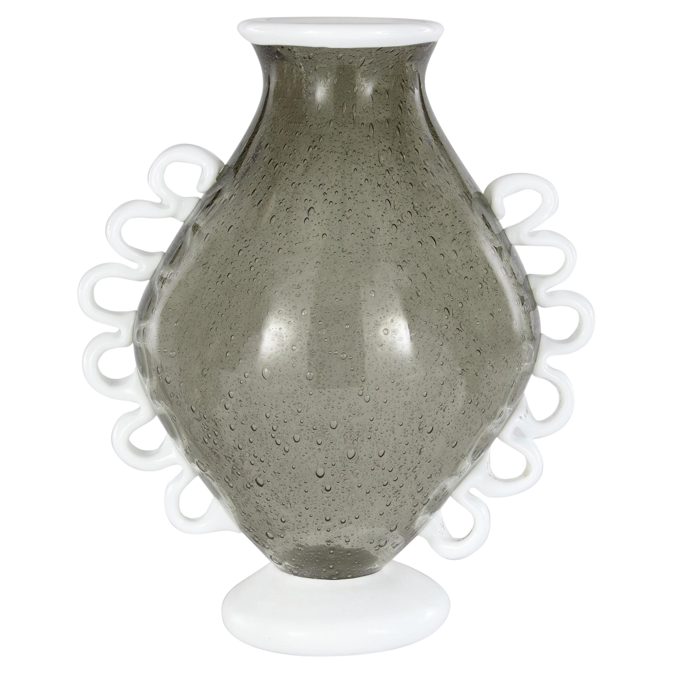 Murano Glass Vase Pulegoso Grey Milk Glass in the style of Martinuzzi for Venini For Sale