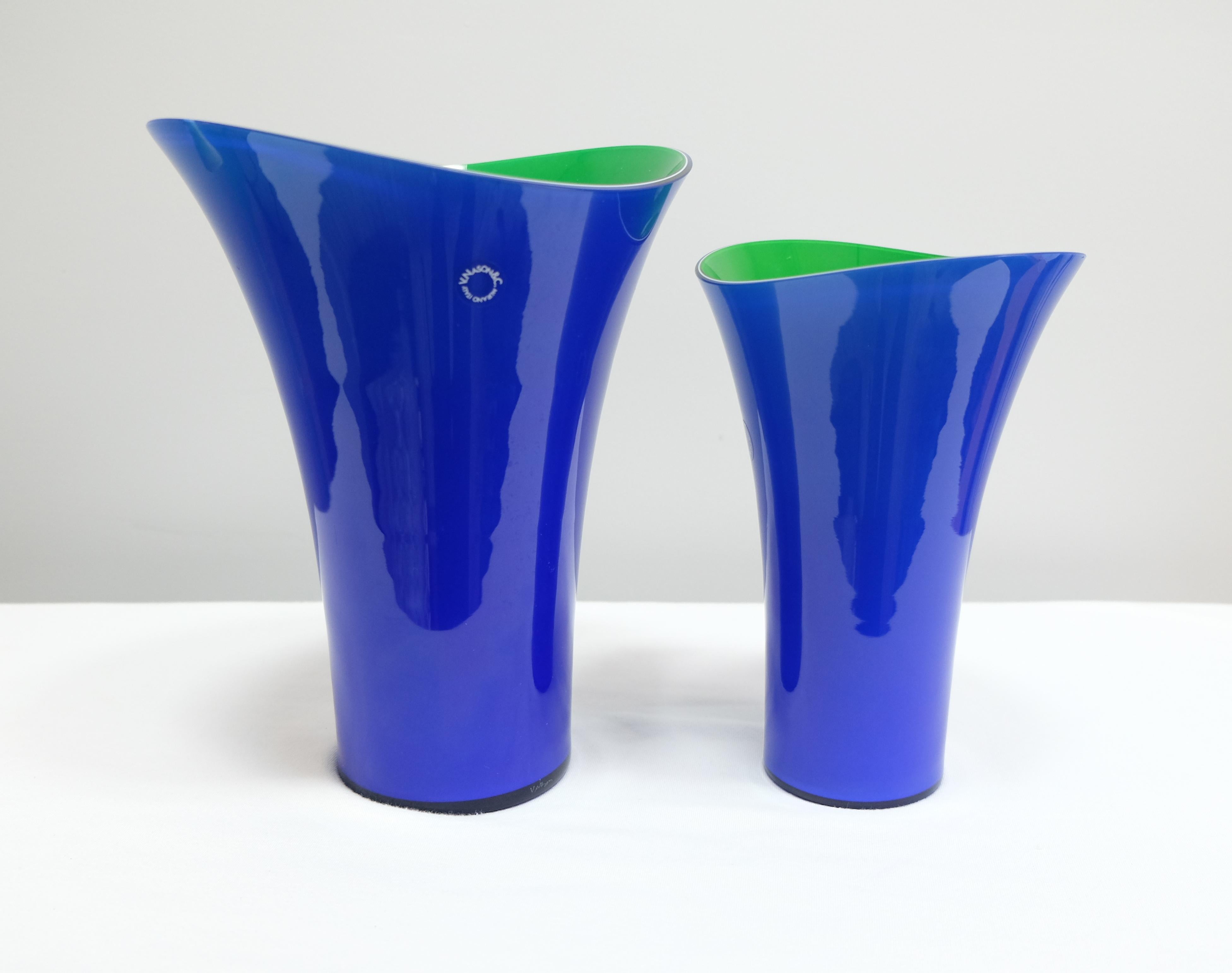 Murano Glass Vase Set by V. Nason & C. Italy, Blue and Green Asymmetric Vases For Sale 6