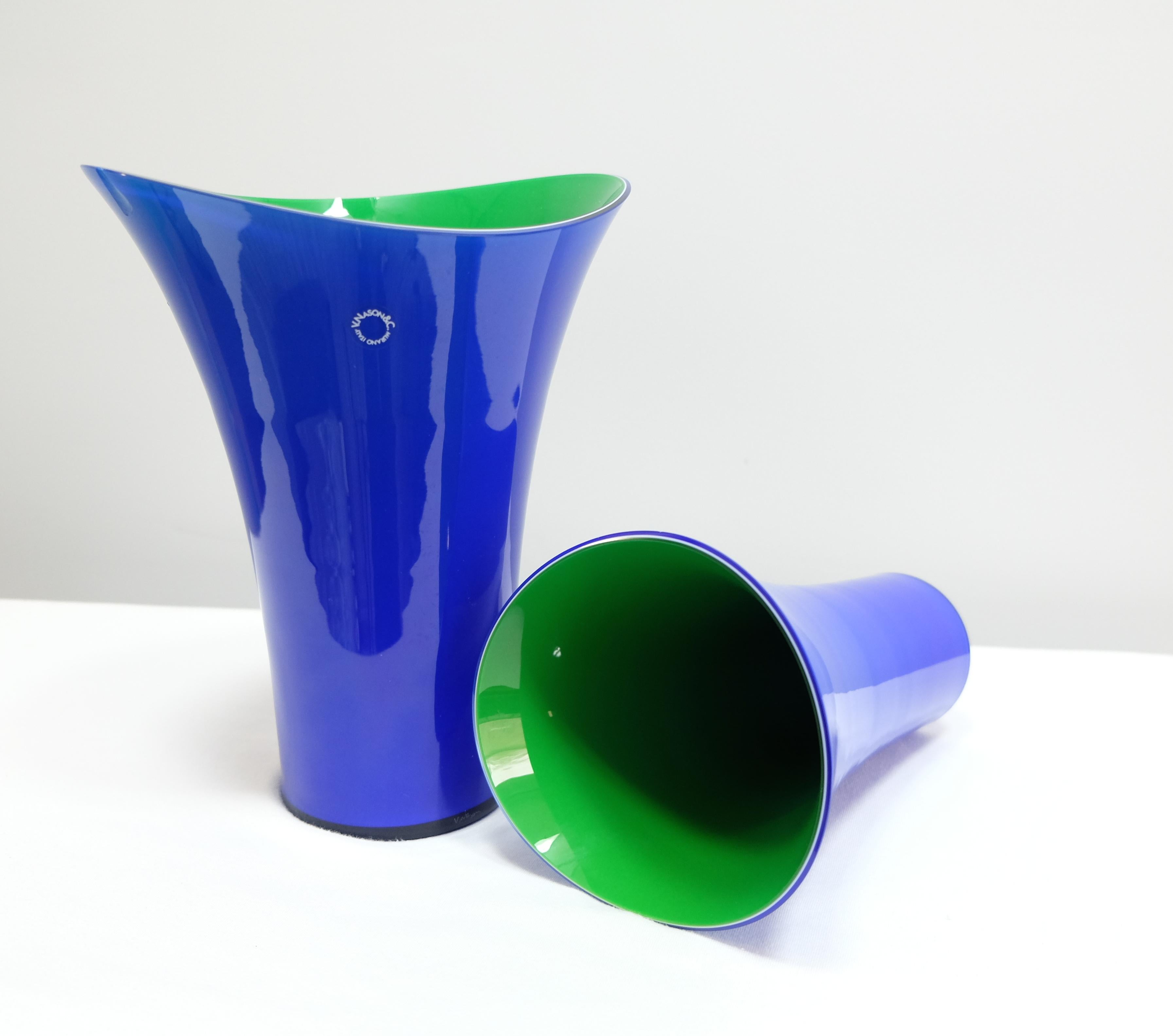 Murano Glass Vase Set by V. Nason & C. Italy, Blue and Green Asymmetric Vases For Sale 9