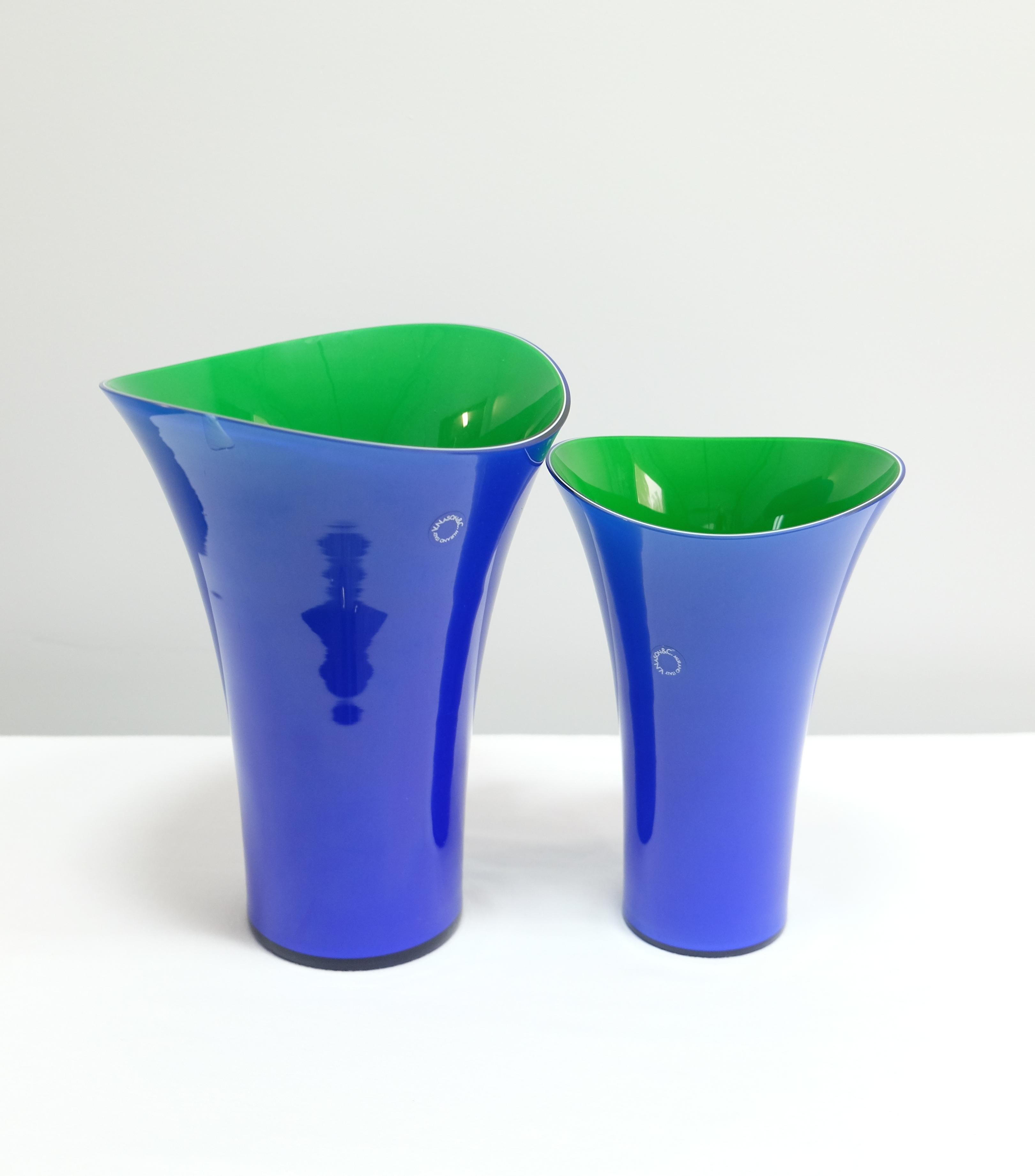 Modern Murano Glass Vase Set by V. Nason & C. Italy, Blue and Green Asymmetric Vases For Sale