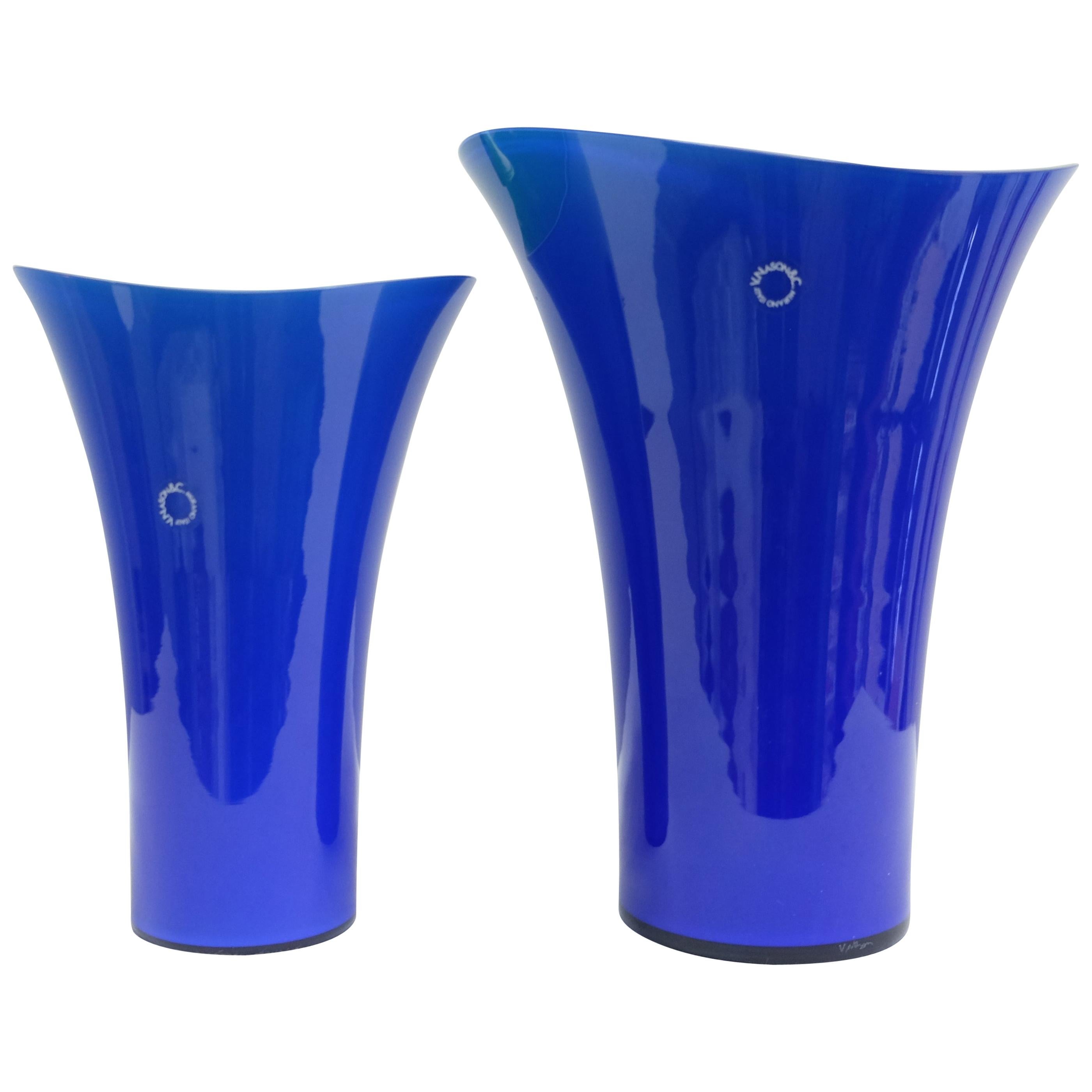Murano Glass Vase Set by V. Nason & C. Italy, Blue and Green Asymmetric Vases