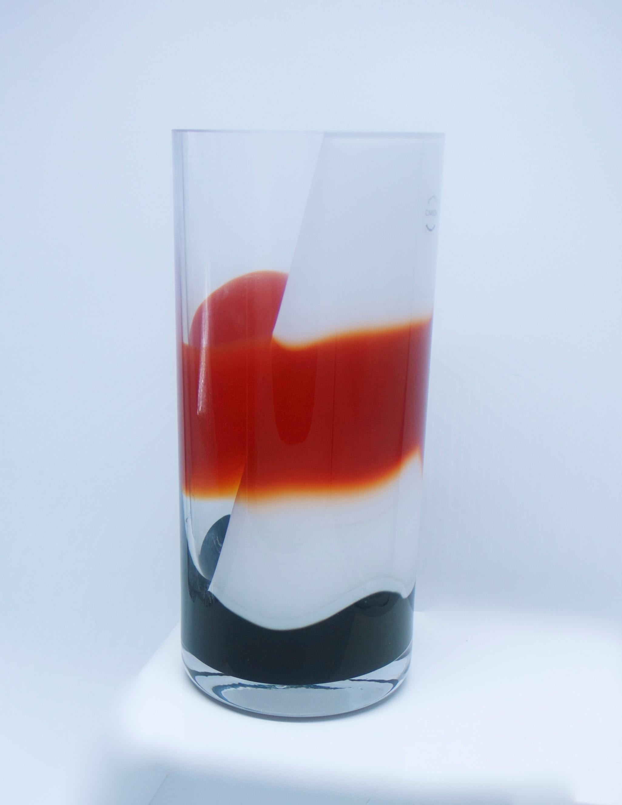 Mid-Century Modern Murano Glass Vase V Nason 1999 Italian Boxed Labelled Deep Red, Black and White For Sale