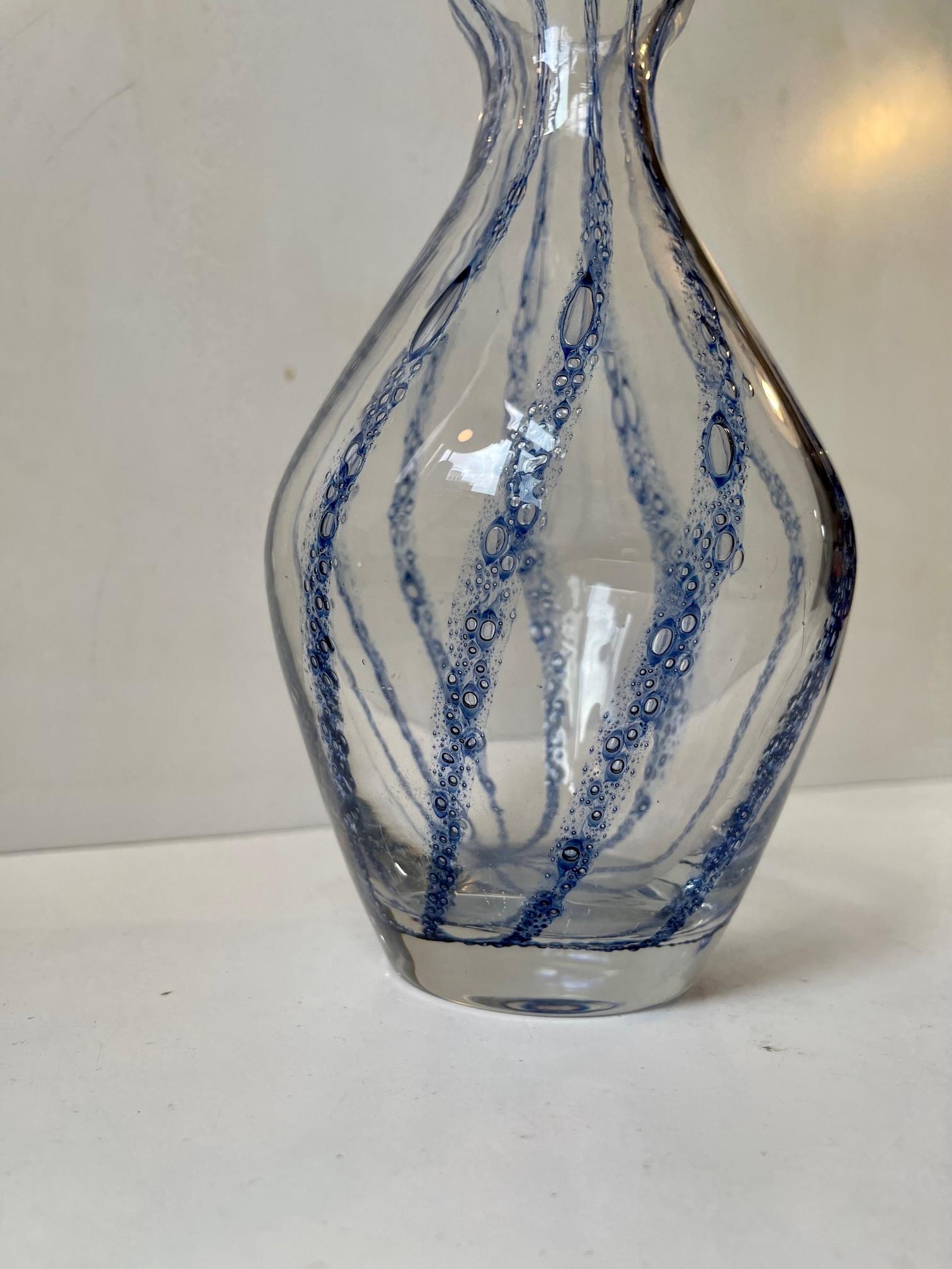 Mid-20th Century Murano Glass Vase with Blue Stripes attributed to Barovier & Toso For Sale