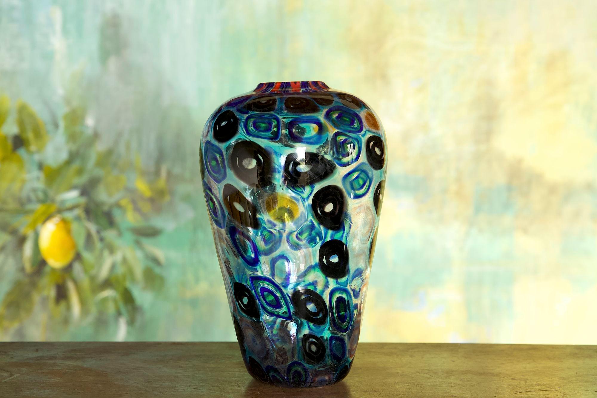 Murano glass vase with circular Murrinas in random design 12