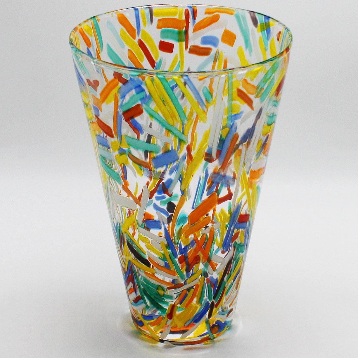 Murano glass vase with colorful etched detailing, circa 1960.
$1200.