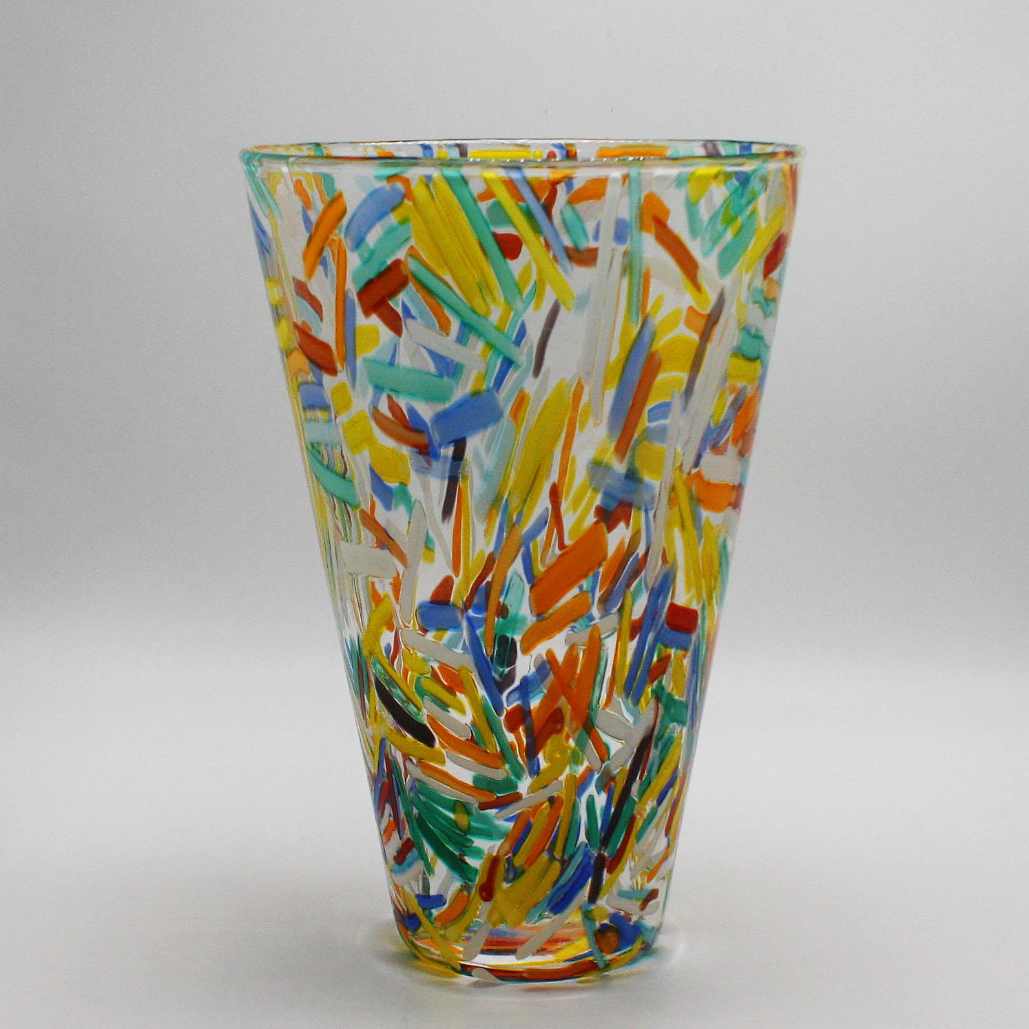 French Murano Glass Vase with Colorful Etched Detailing, circa 1960