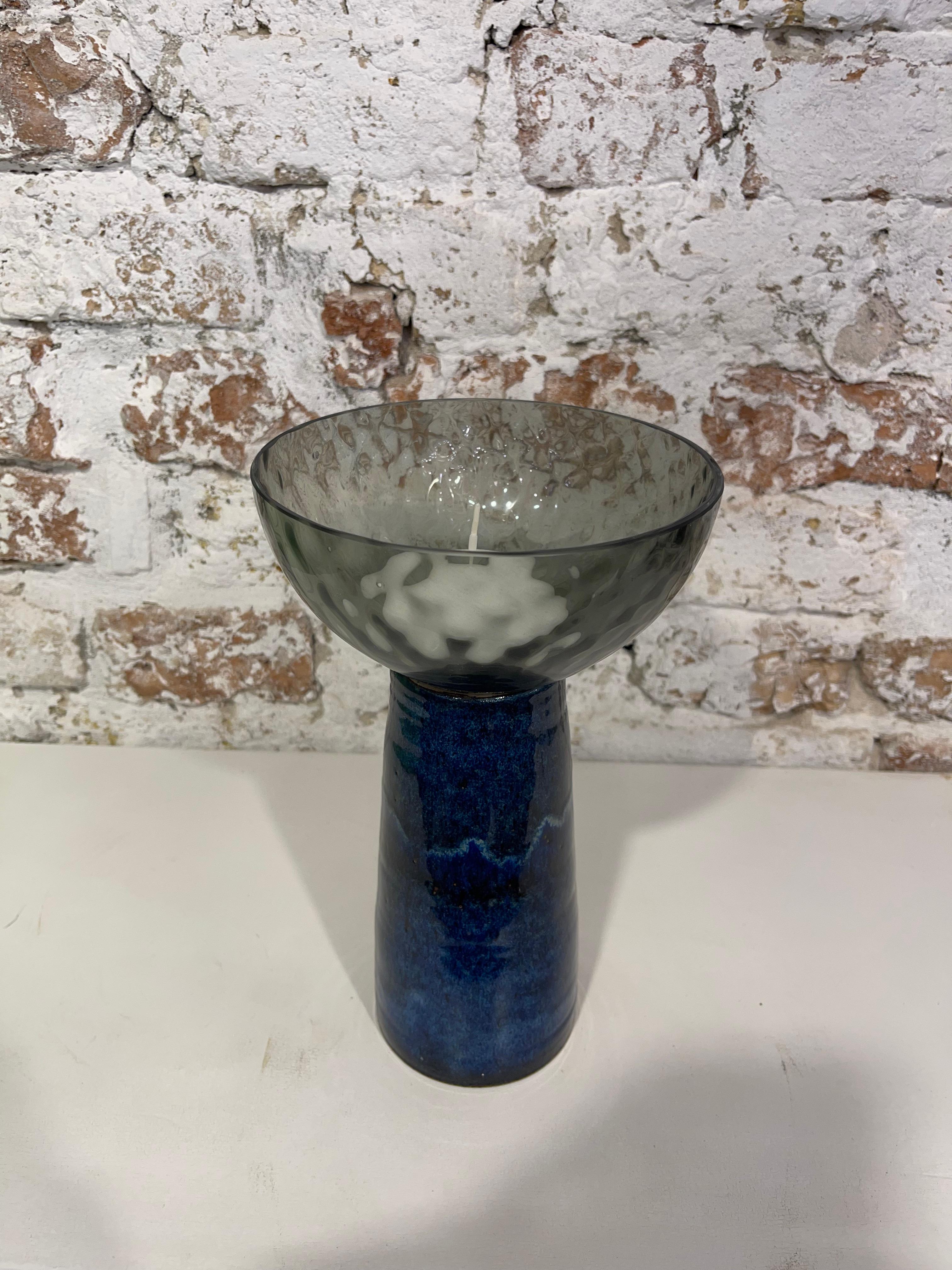 Modern Murano glass vase with handmade dotted white ceramic For Sale