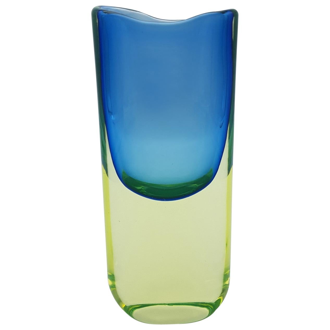 Vase en verre de Murano, jaune et bleu par Cenedese Gino, designer Antonio da Ros en vente