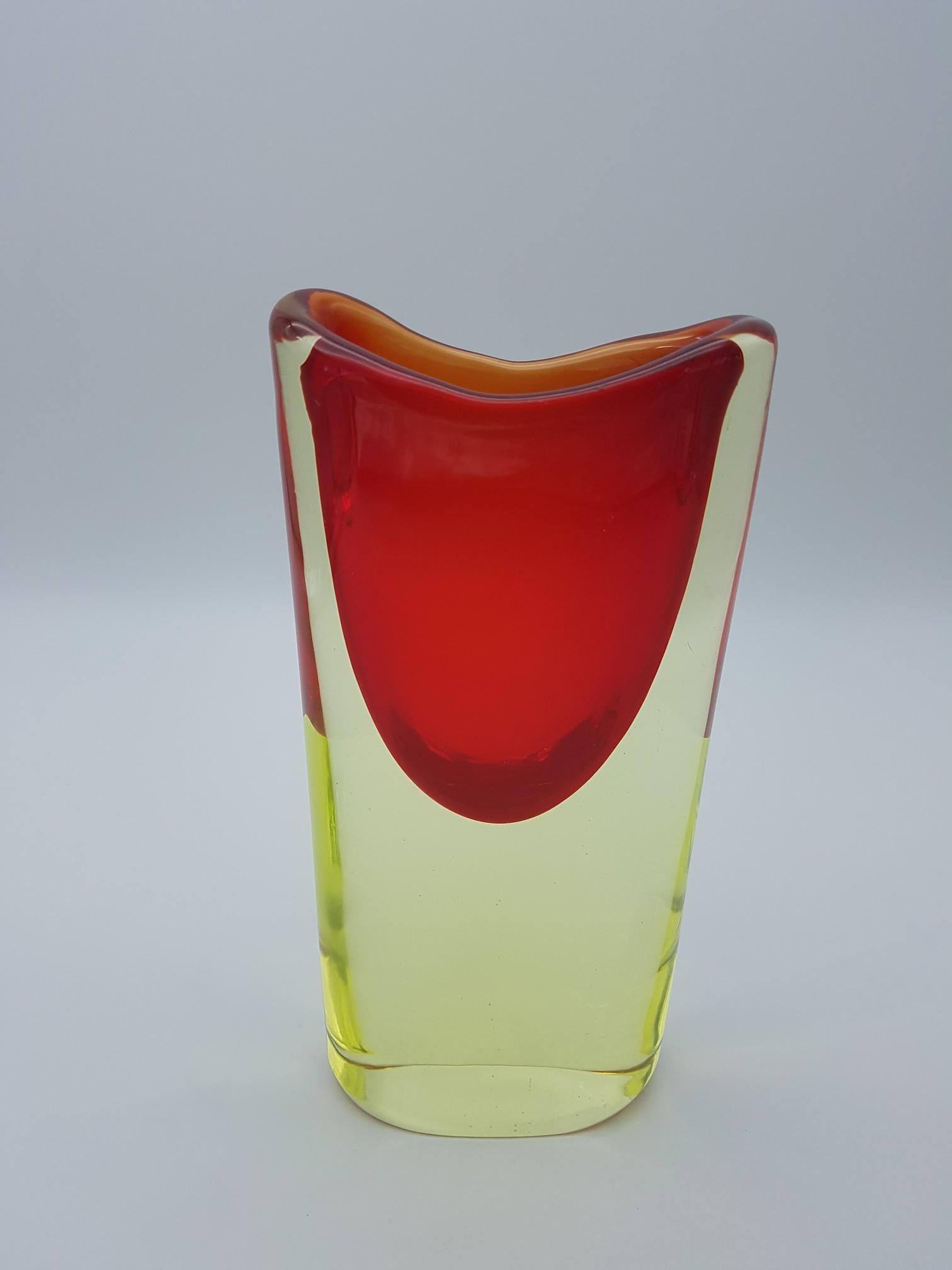 Italian Murano Glass Vase, Yellow and Red by Cenedese Gino, Designer Antonio da Ros For Sale