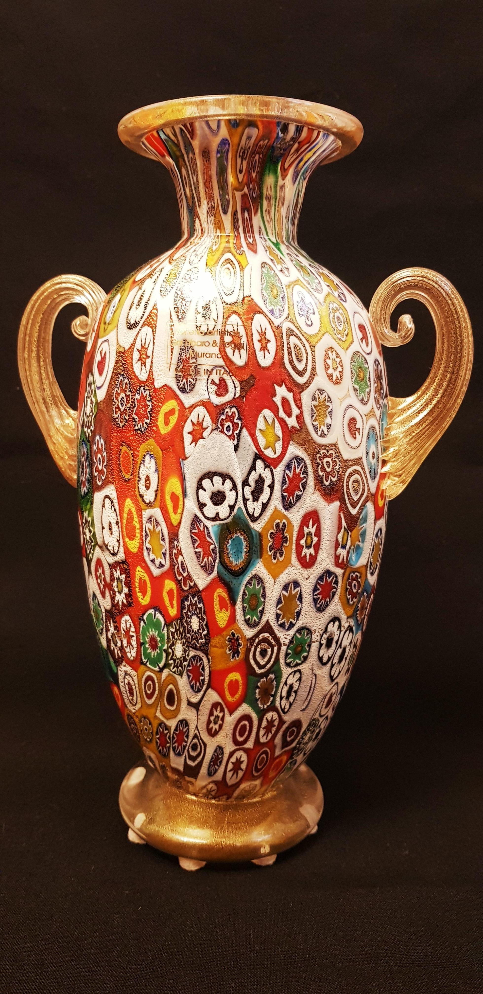 Beautiful murano glass millefiori vase with gold leaf by Gambaro&Poggi, labelled and acid stamped, brilliant condition. 