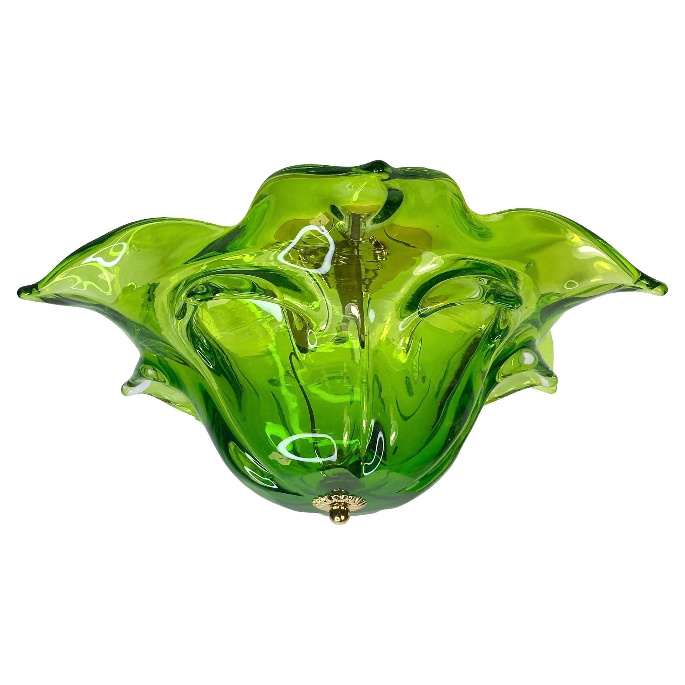 Murano Glass Vintage 1970s organic Flush Mount, Brass and Glass, Italy