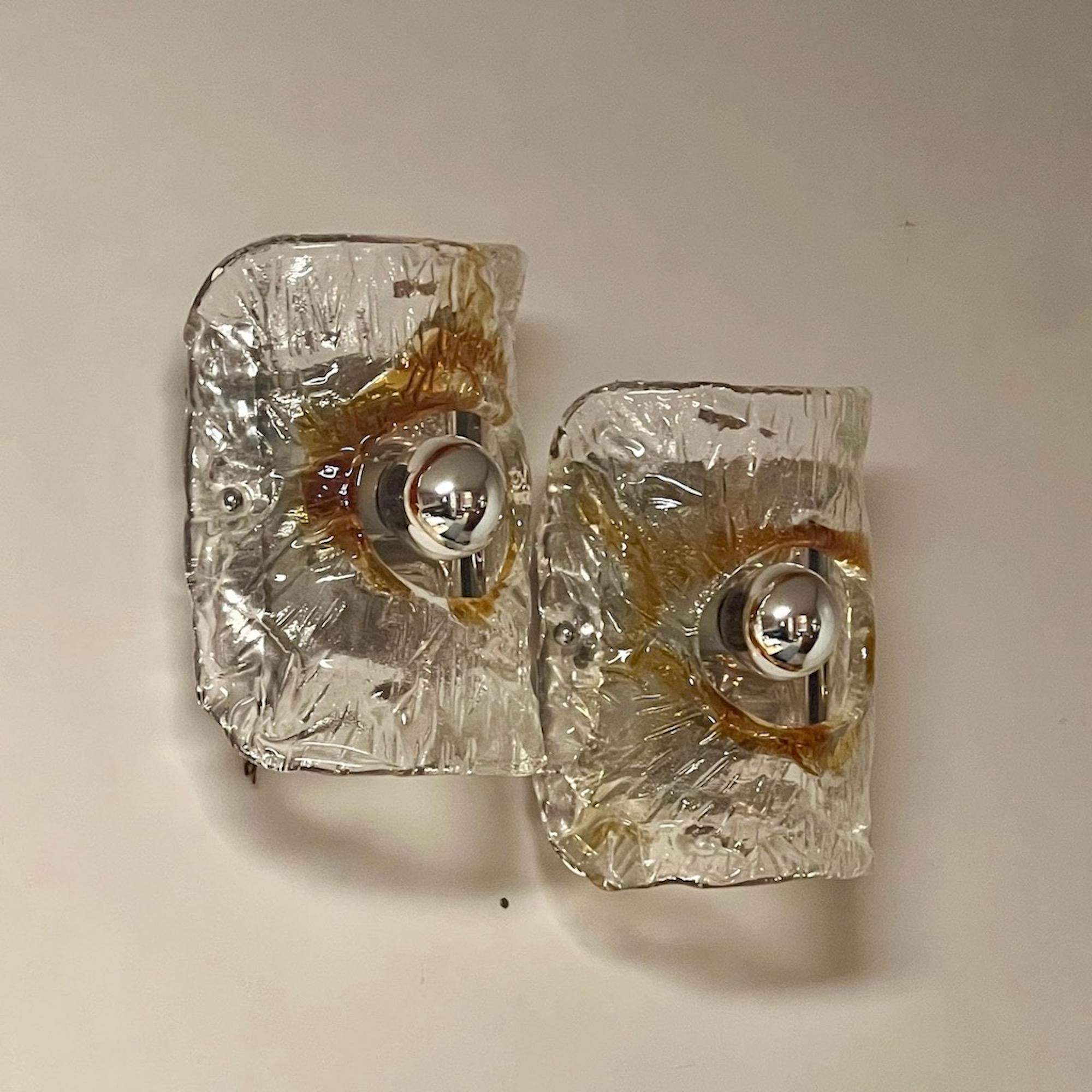Late 20th Century Murano Glass Vintage 70s Artisanal Lamps - Frosted Glass Amber Hues - Set of 2