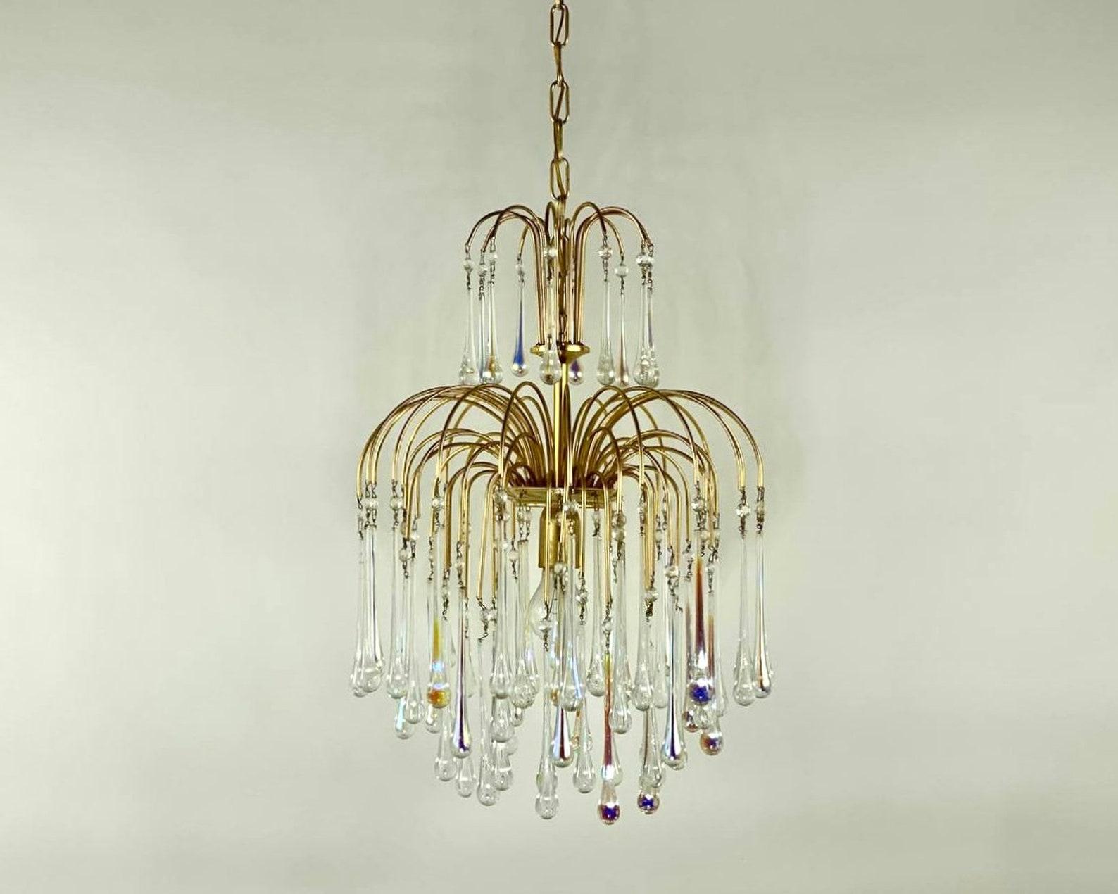 Vintage Italian Murano handblown glass teardrops Chandelier By Massive Belgium Manufacturer, circa 1960s.

 Gilt Metal cascading waterfall chandelier.

 The naturalness of the composition is added by pendants made in the form of multi-colored balls