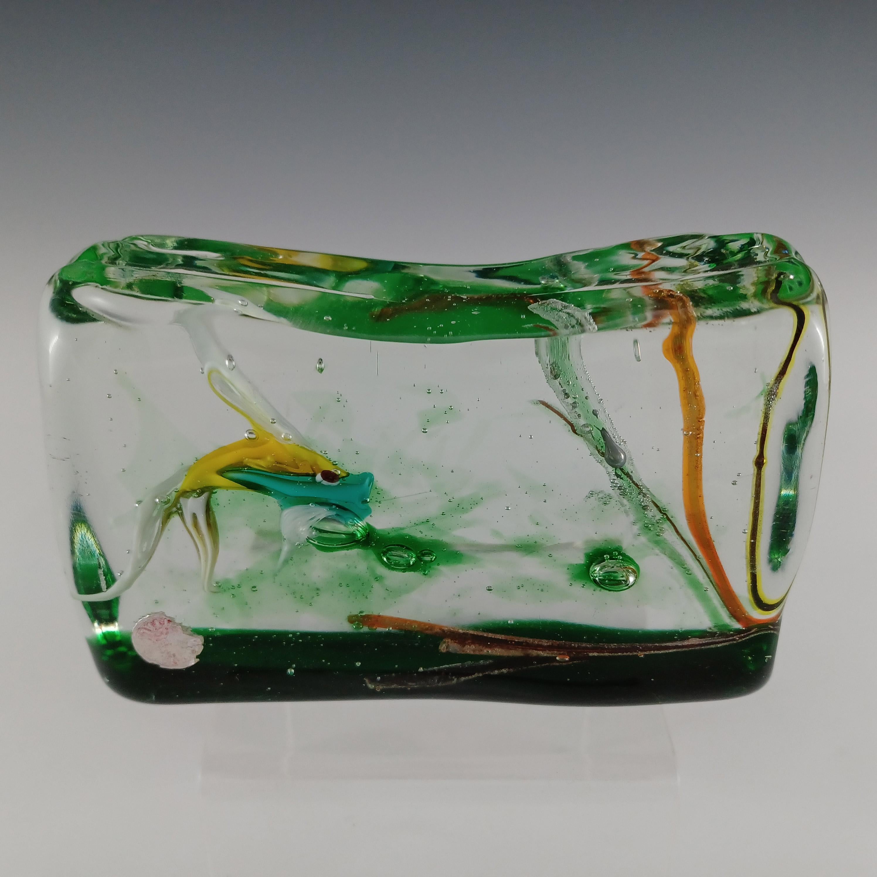 Mid-Century Modern Murano Glass Vintage Fish Aquarium Block Paperweight For Sale