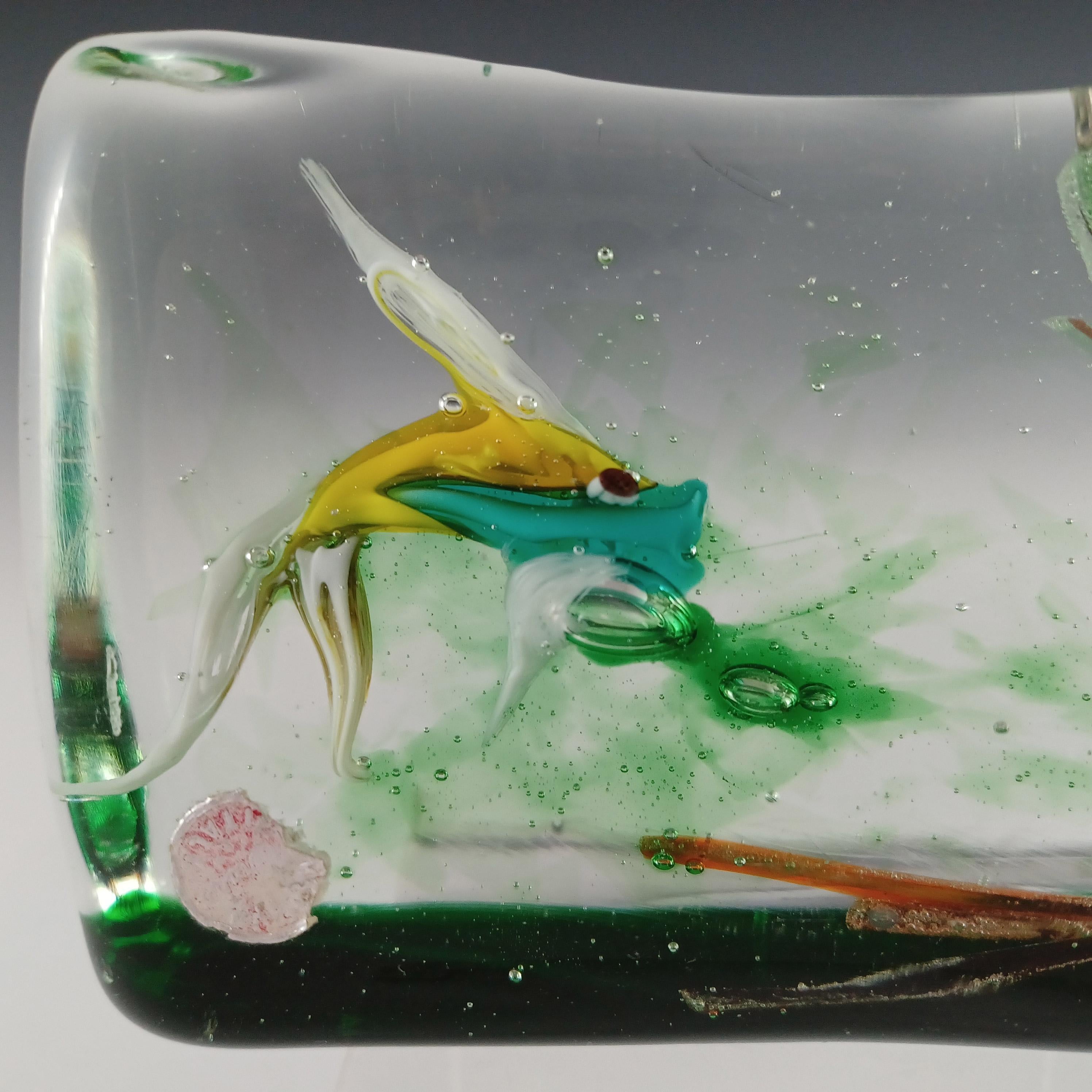 Italian Murano Glass Vintage Fish Aquarium Block Paperweight For Sale